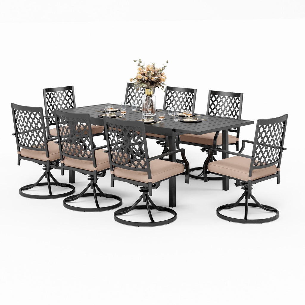 Ensemble de salle à manger d'extérieur MAISON ARTS pouvant accueillir jusqu'à 6/8 personnes, 6/8 chaises pivotantes en maille métallique, 1 table rectangulaire extensible