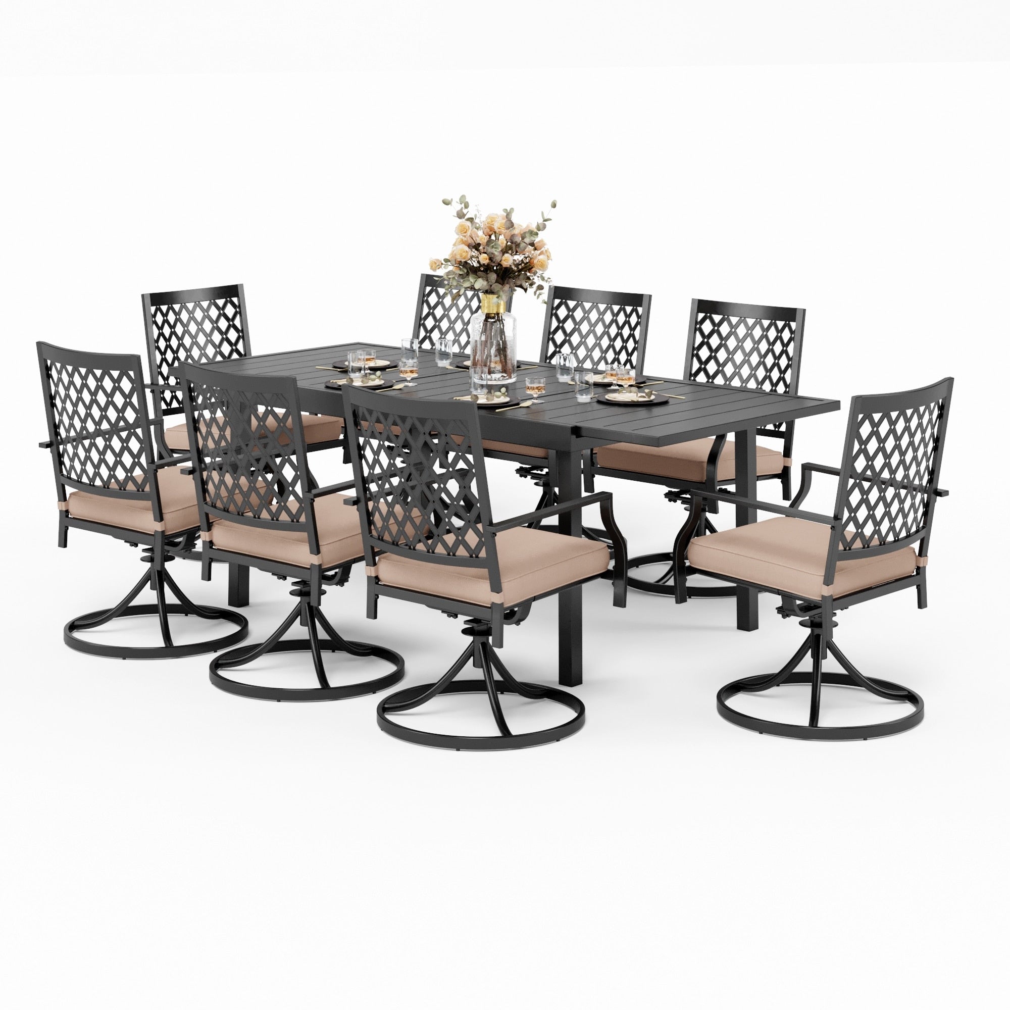 Ensemble de salle à manger d'extérieur MAISON ARTS pouvant accueillir jusqu'à 6/8 personnes, 6/8 chaises pivotantes en maille métallique, 1 table rectangulaire extensible