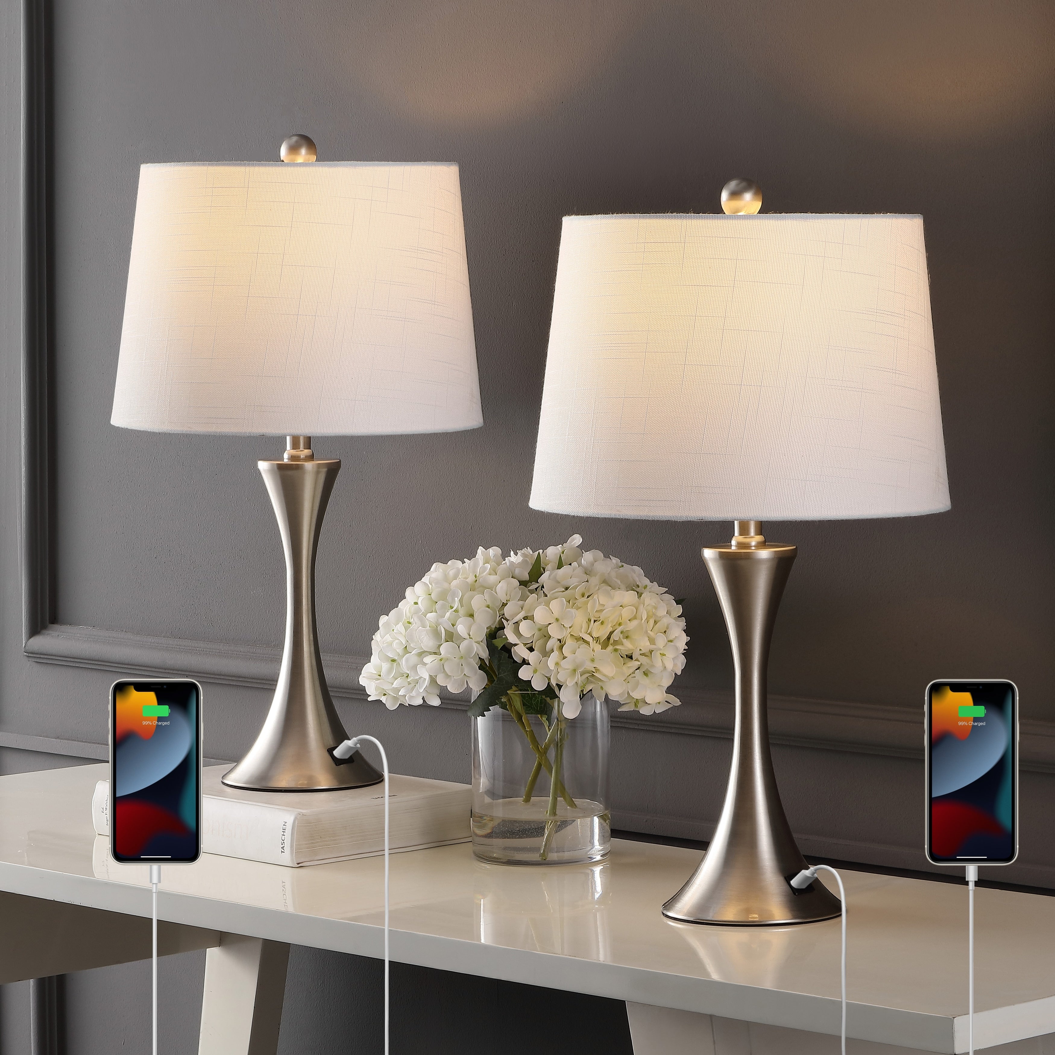 Lampe de table LED Makena 22,75 cm en fer moderne et glamour avec port de chargement USB (lot de 2) par JONATHAN Y