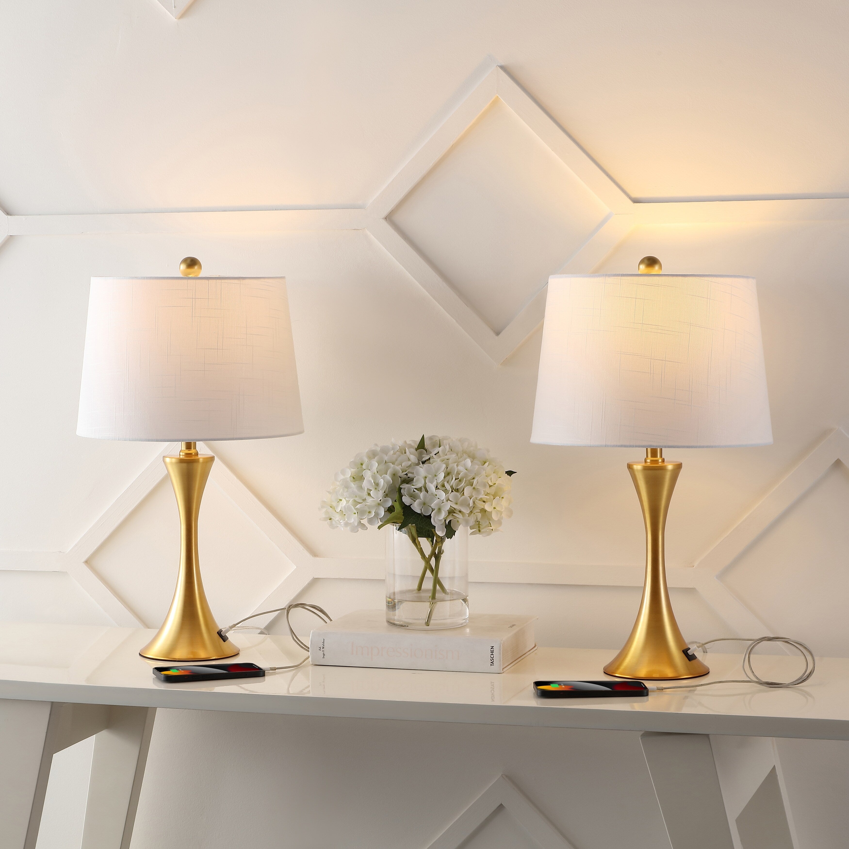 Lampe de table LED Makena 22,75 cm en fer moderne et glamour avec port de chargement USB (lot de 2) par JONATHAN Y