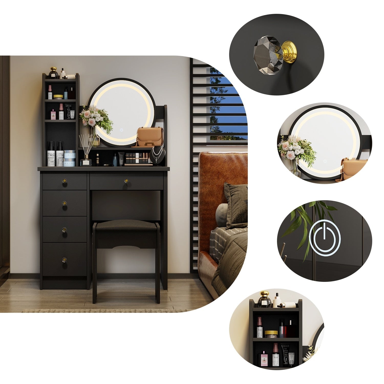 Makeup Vanity Dressing Table Set With Touch Screen Mirror & Stool