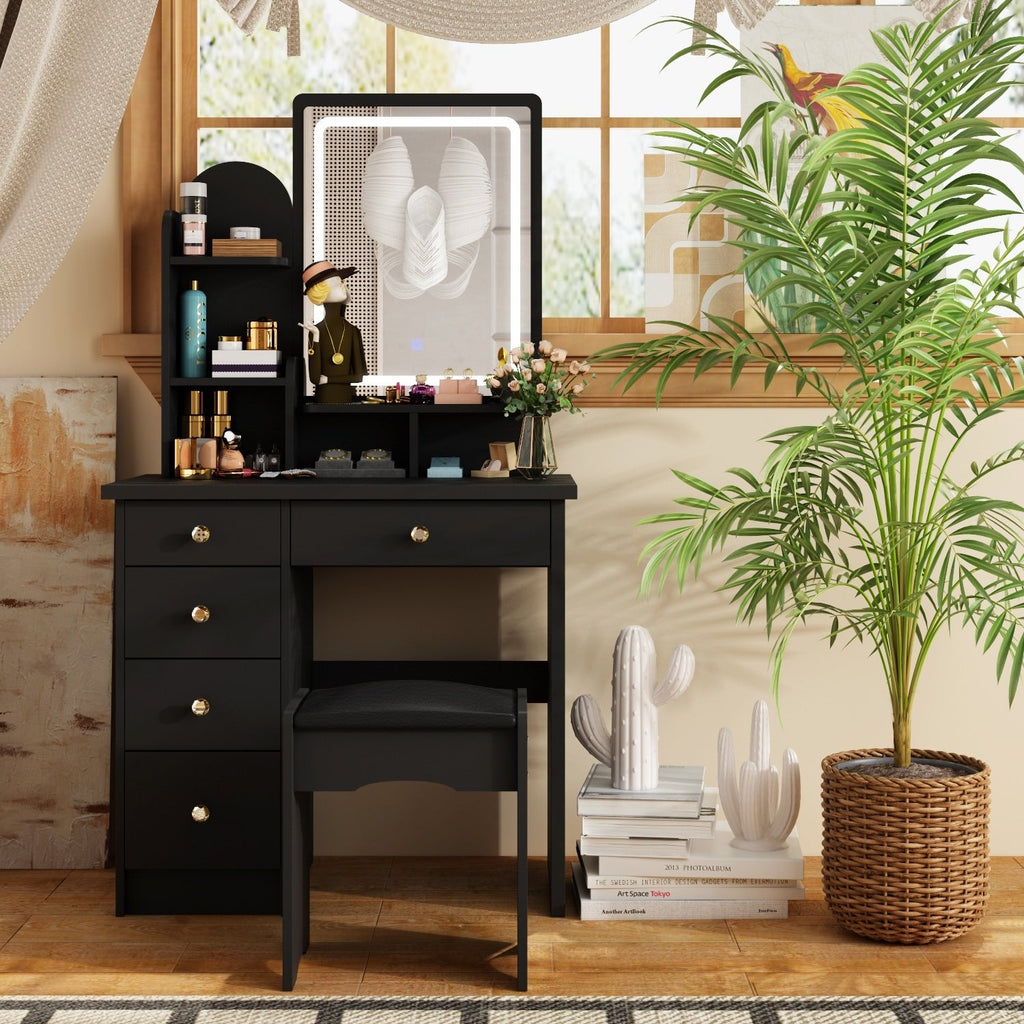 Coiffeuse avec éclairage LED, miroir et tabouret