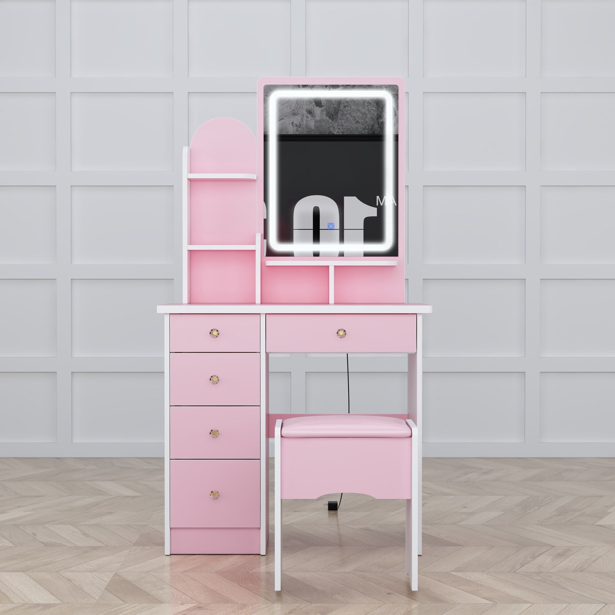 Coiffeuse avec éclairage LED, miroir et tabouret