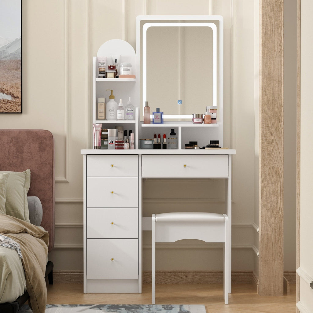 Coiffeuse avec éclairage LED, miroir et tabouret