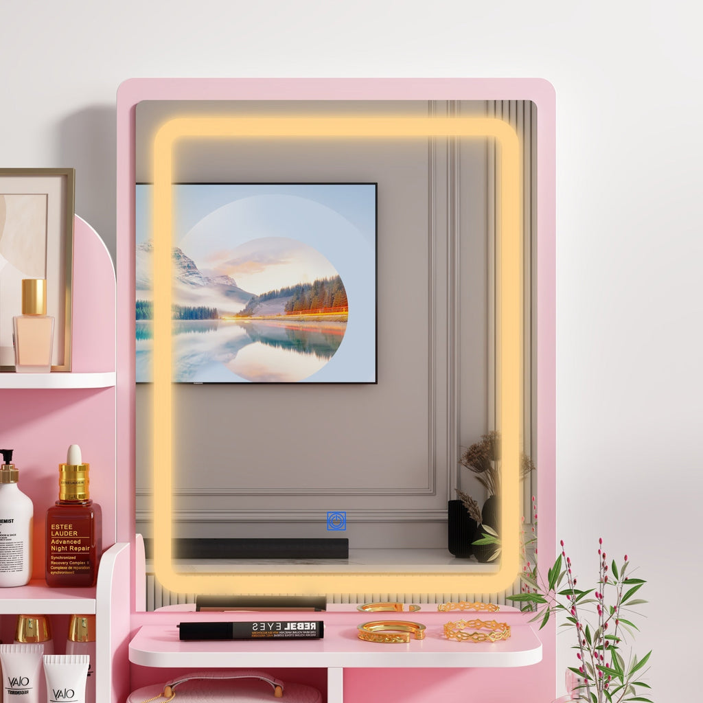 Coiffeuse avec éclairage LED, miroir et tabouret