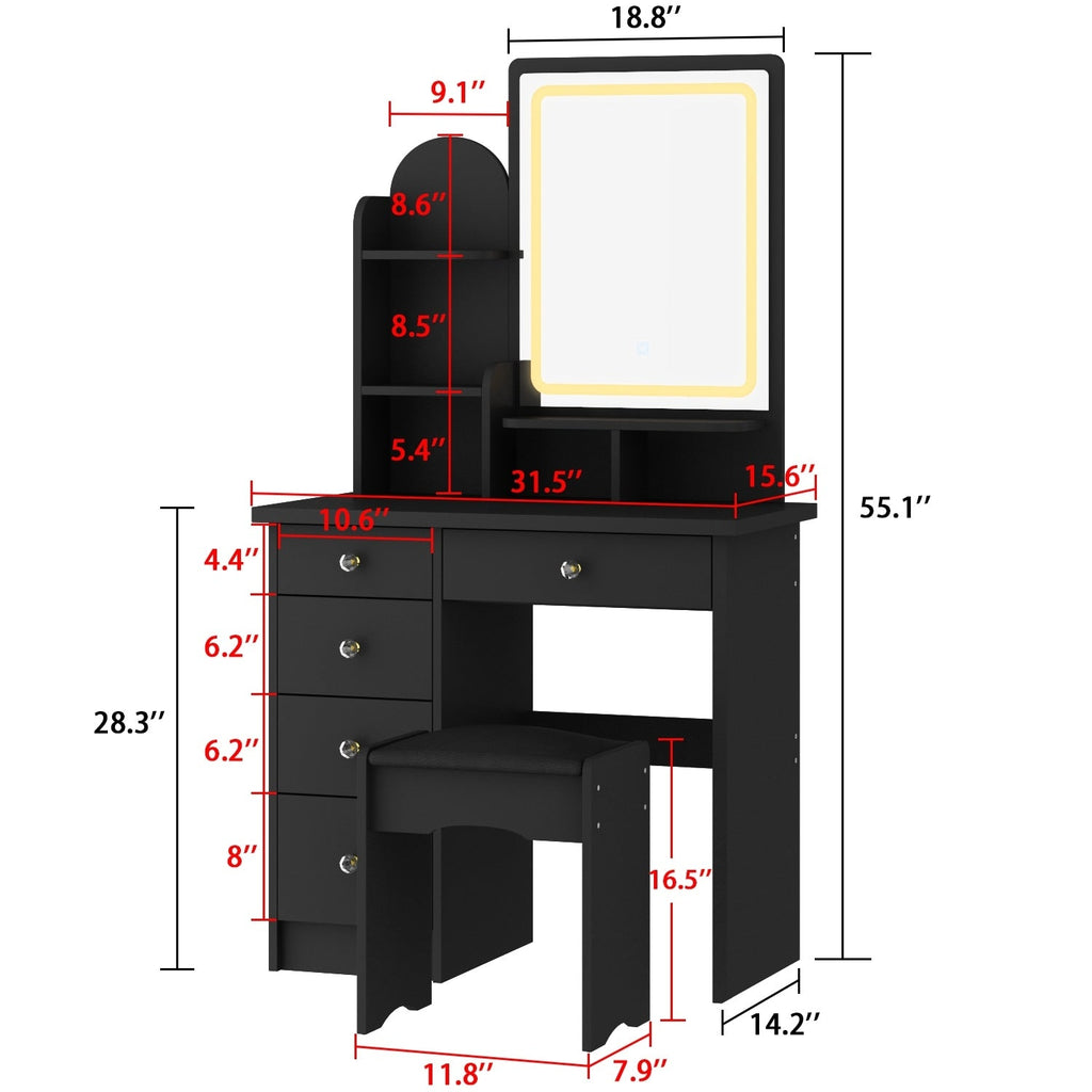 Coiffeuse avec éclairage LED, miroir et tabouret