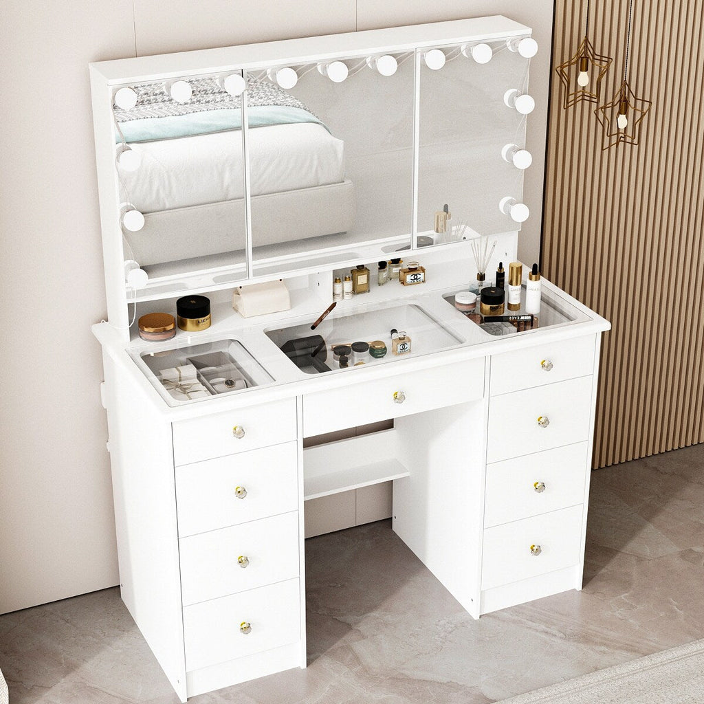 Coiffeuse avec miroir à trois volets et éclairage certifié, plateau en verre