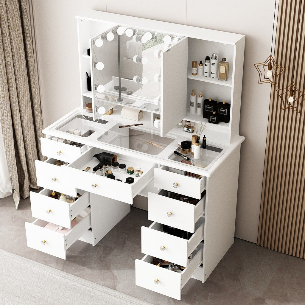 Coiffeuse avec miroir à trois volets et éclairage certifié, plateau en verre
