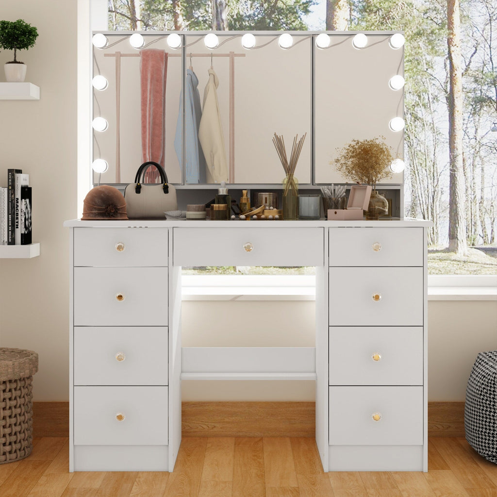 Coiffeuse avec miroir à trois volets et éclairage certifié, plateau en verre