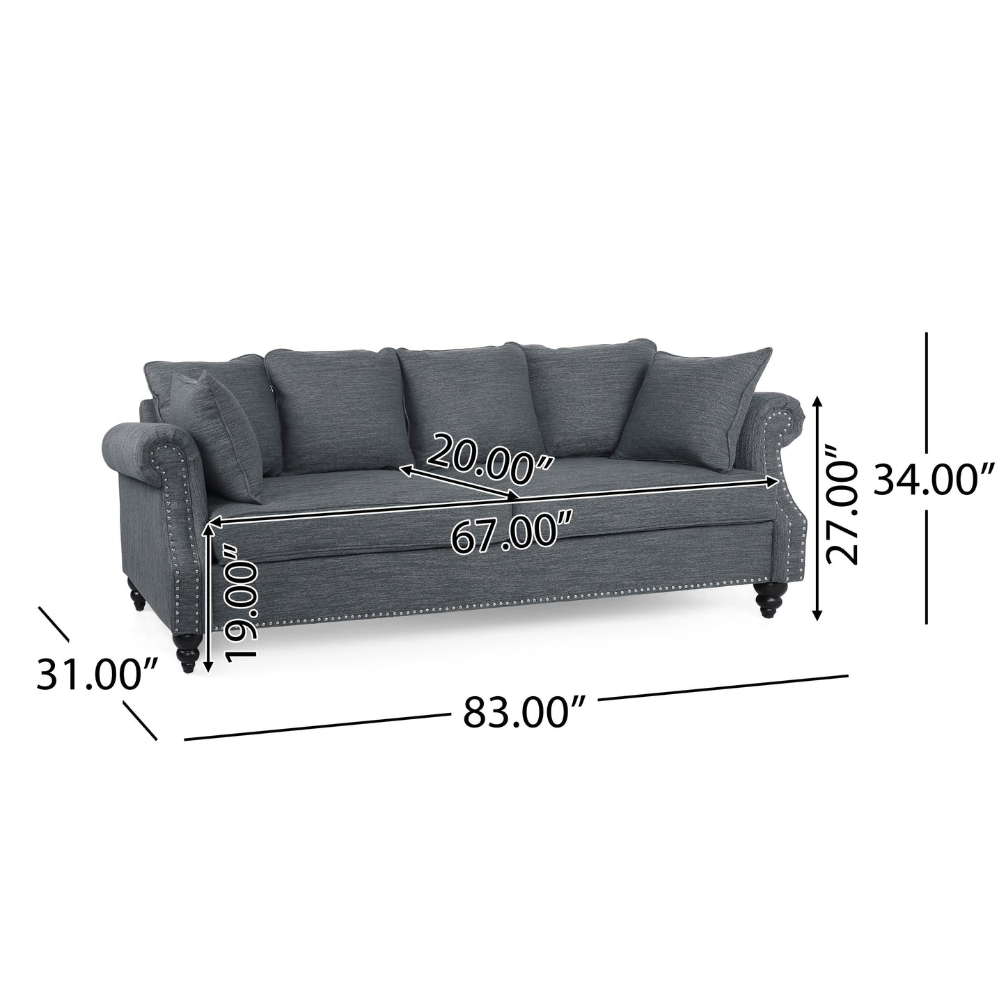 Canapé 3 places en tissu Manbow avec coussins et garniture cloutée par Christopher Knight Home