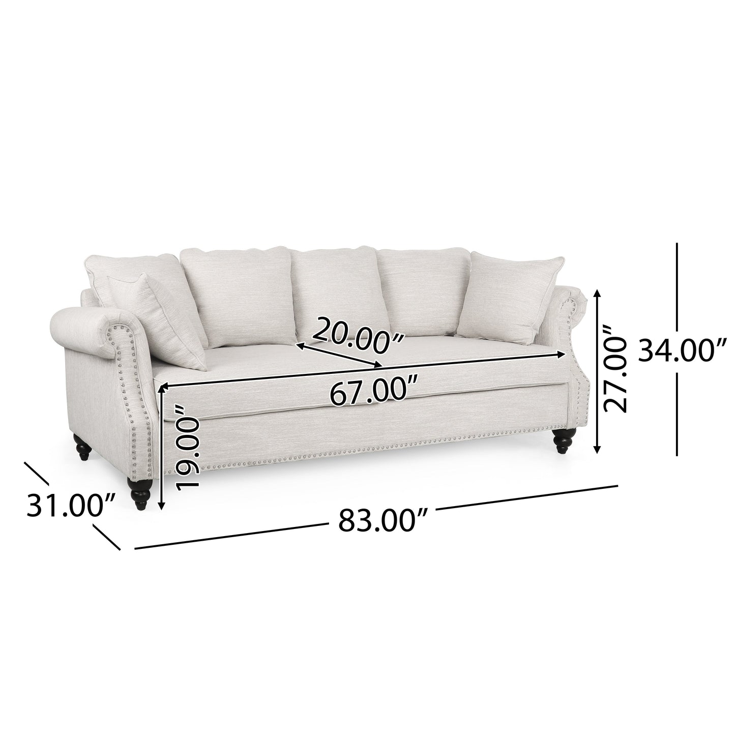 Canapé 3 places en tissu Manbow avec coussins et garniture cloutée par Christopher Knight Home
