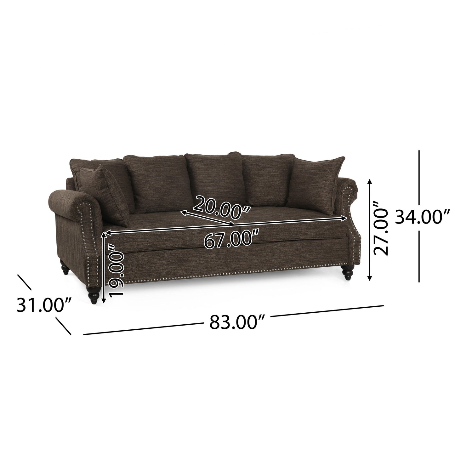 Canapé 3 places en tissu Manbow avec coussins et garniture cloutée par Christopher Knight Home