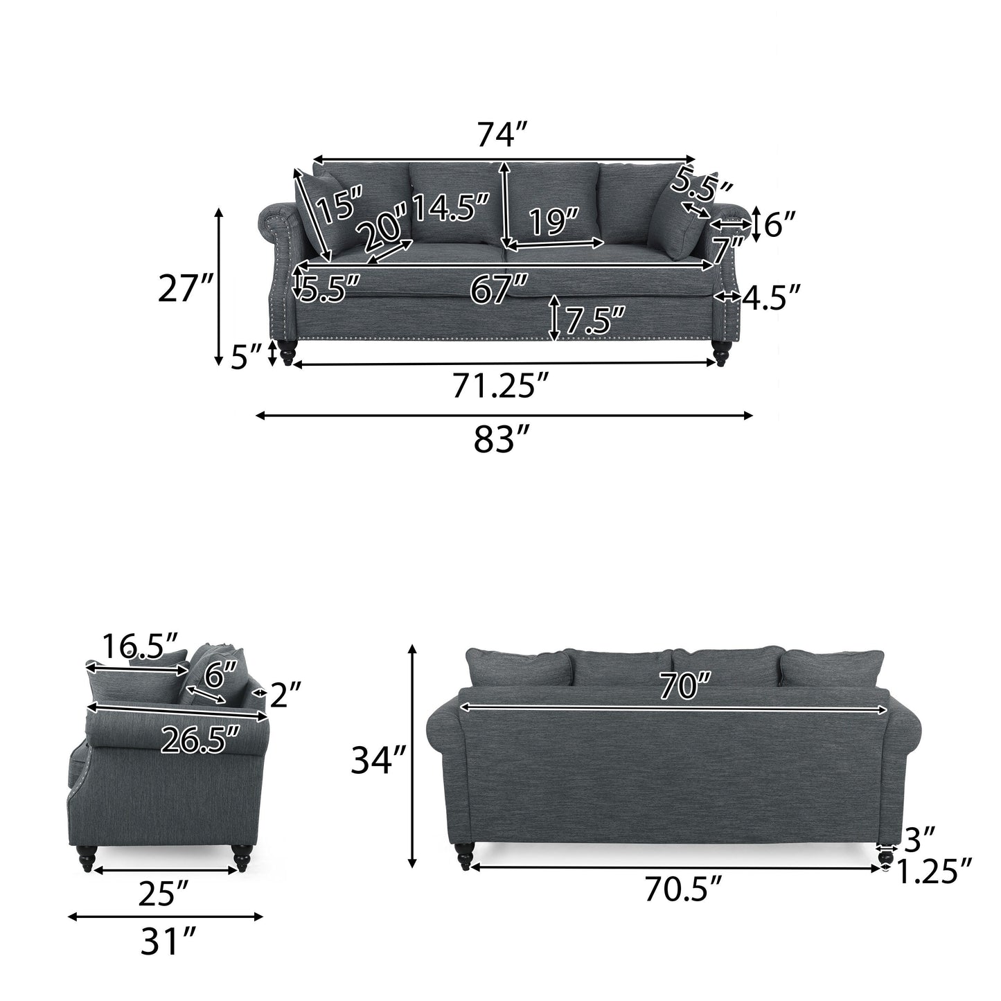 Canapé 3 places en tissu Manbow avec coussins et garniture cloutée par Christopher Knight Home