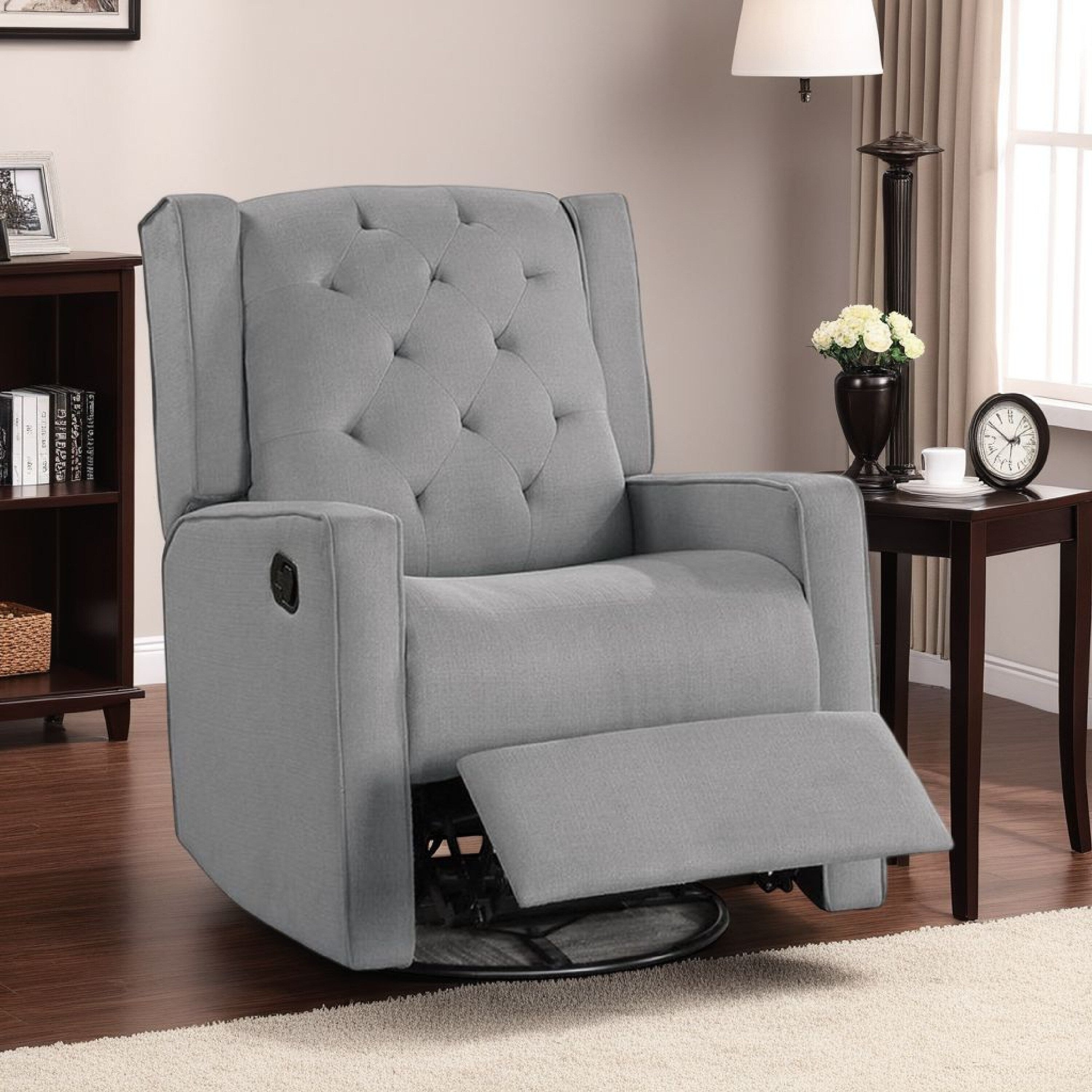 Fauteuil inclinable manuel pivotant Manie, bois massif, toile de jute grise classique