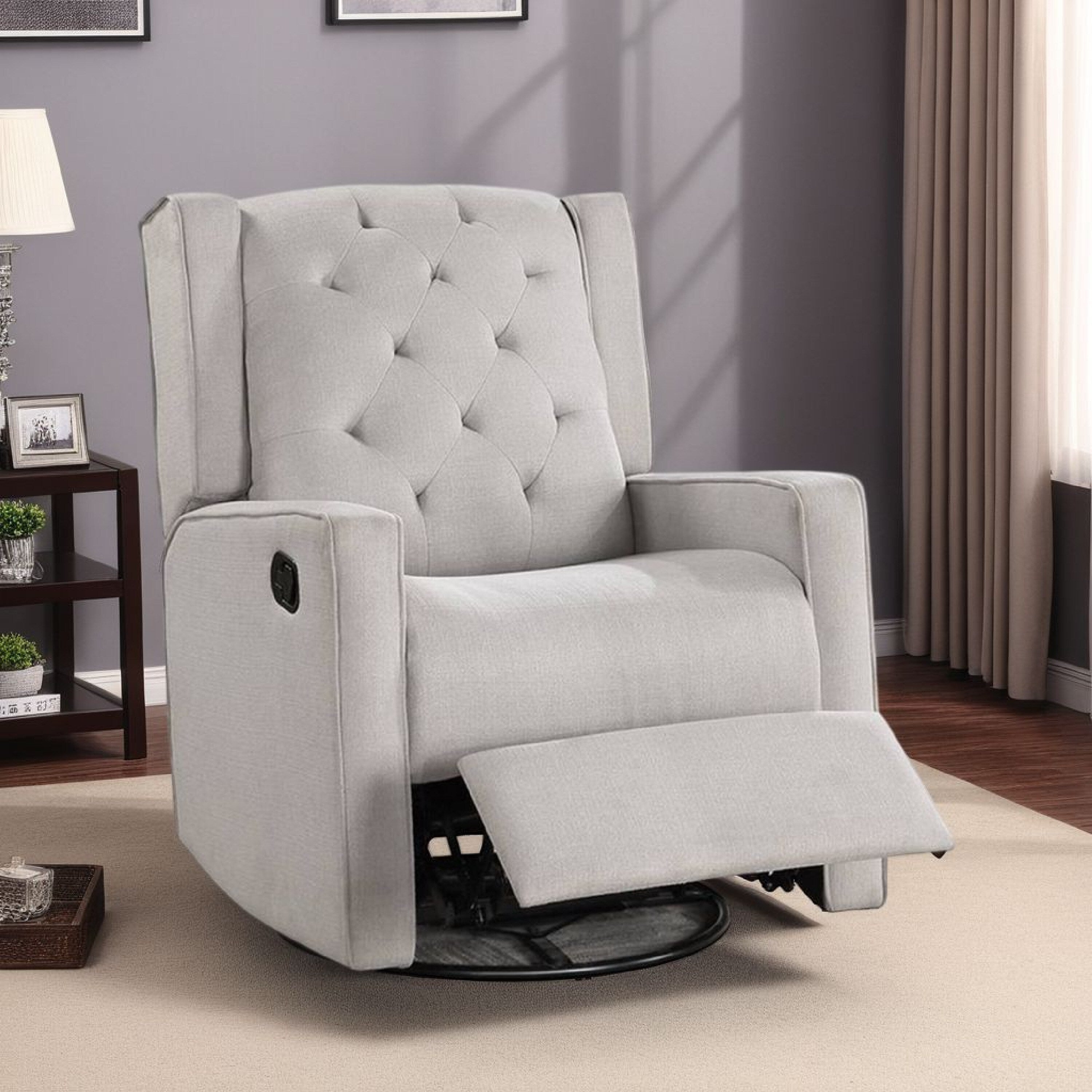 Fauteuil inclinable manuel pivotant Manie, bois massif, toile de jute gris clair
