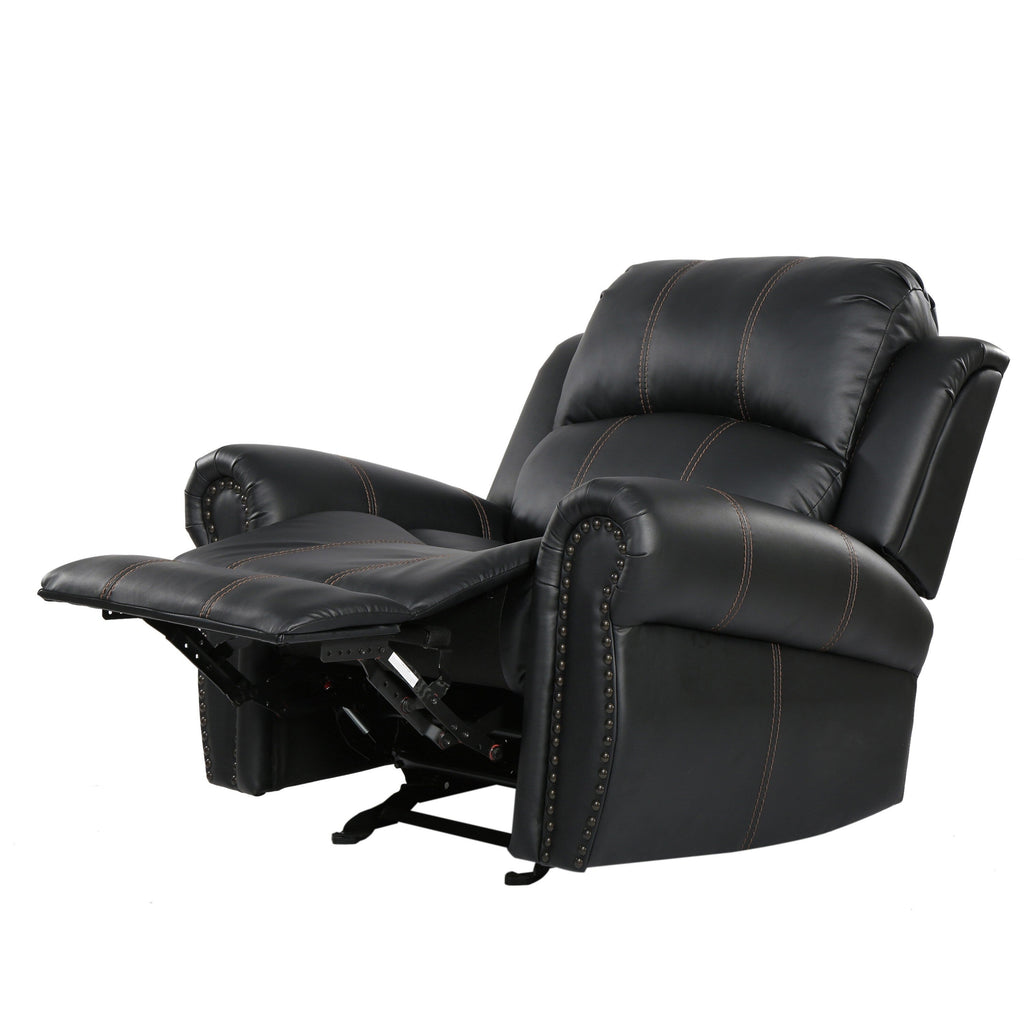 Fauteuil inclinable manuel, garniture cloutée, similicuir noir moelleux