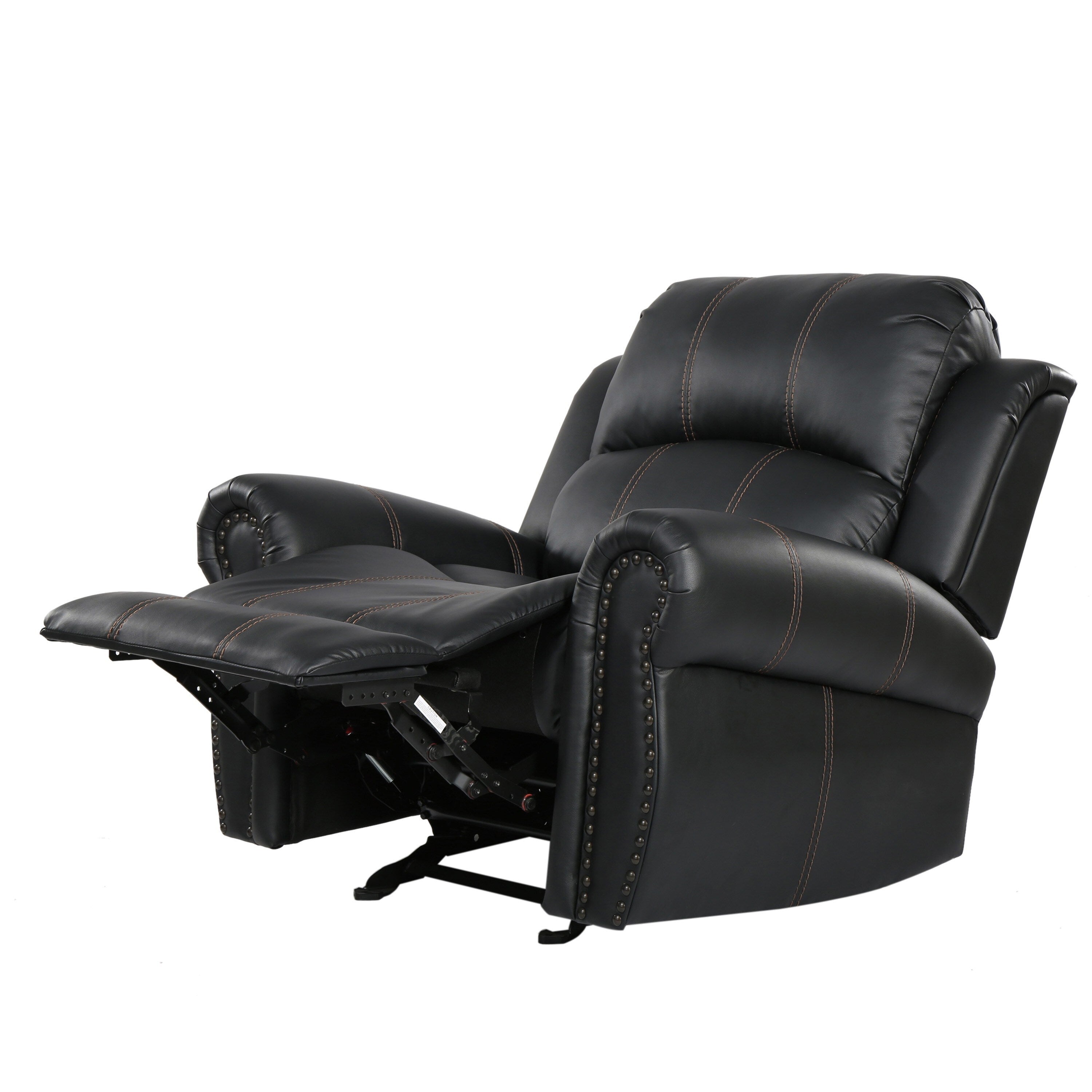 Fauteuil inclinable manuel, garniture cloutée, similicuir noir moelleux