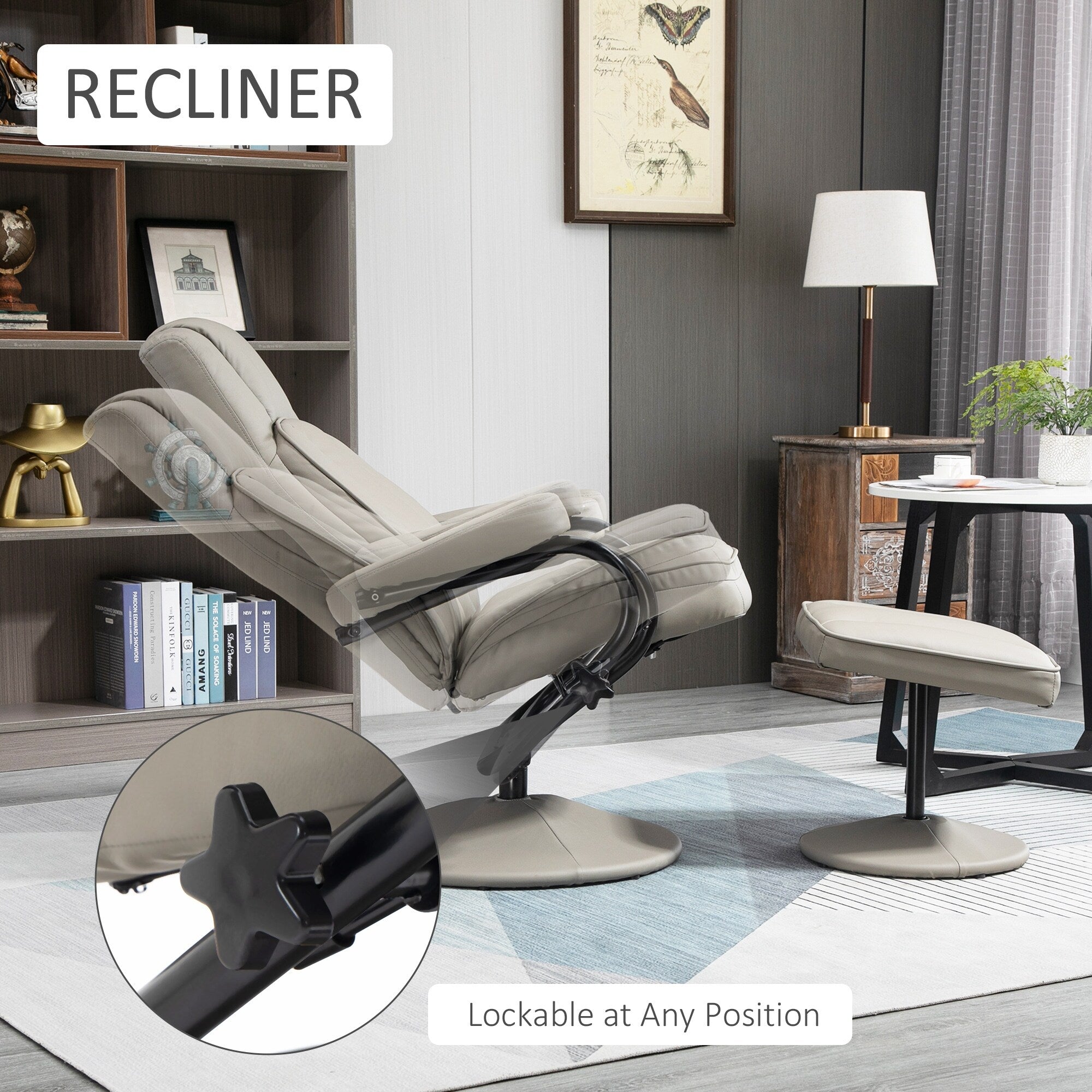 Fauteuil inclinable pivotant manuel en cuir PU, fauteuil d'appoint réglable, fauteuil de télévision, fauteuil de lecture inclinable avec pouf