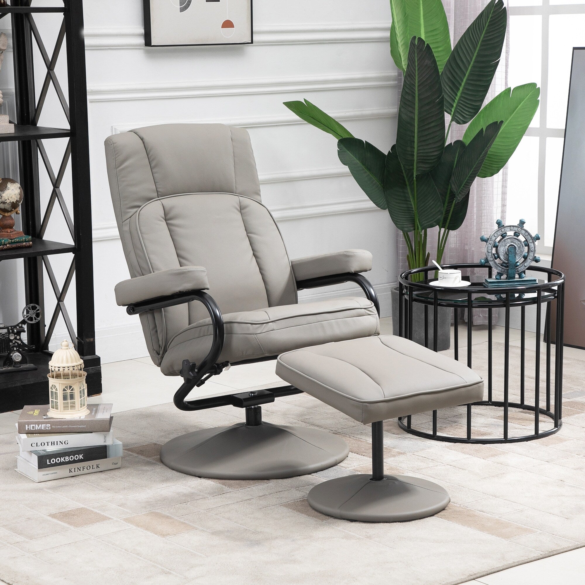Fauteuil inclinable pivotant manuel en cuir PU, fauteuil d'appoint réglable, fauteuil de télévision, fauteuil de lecture inclinable avec pouf