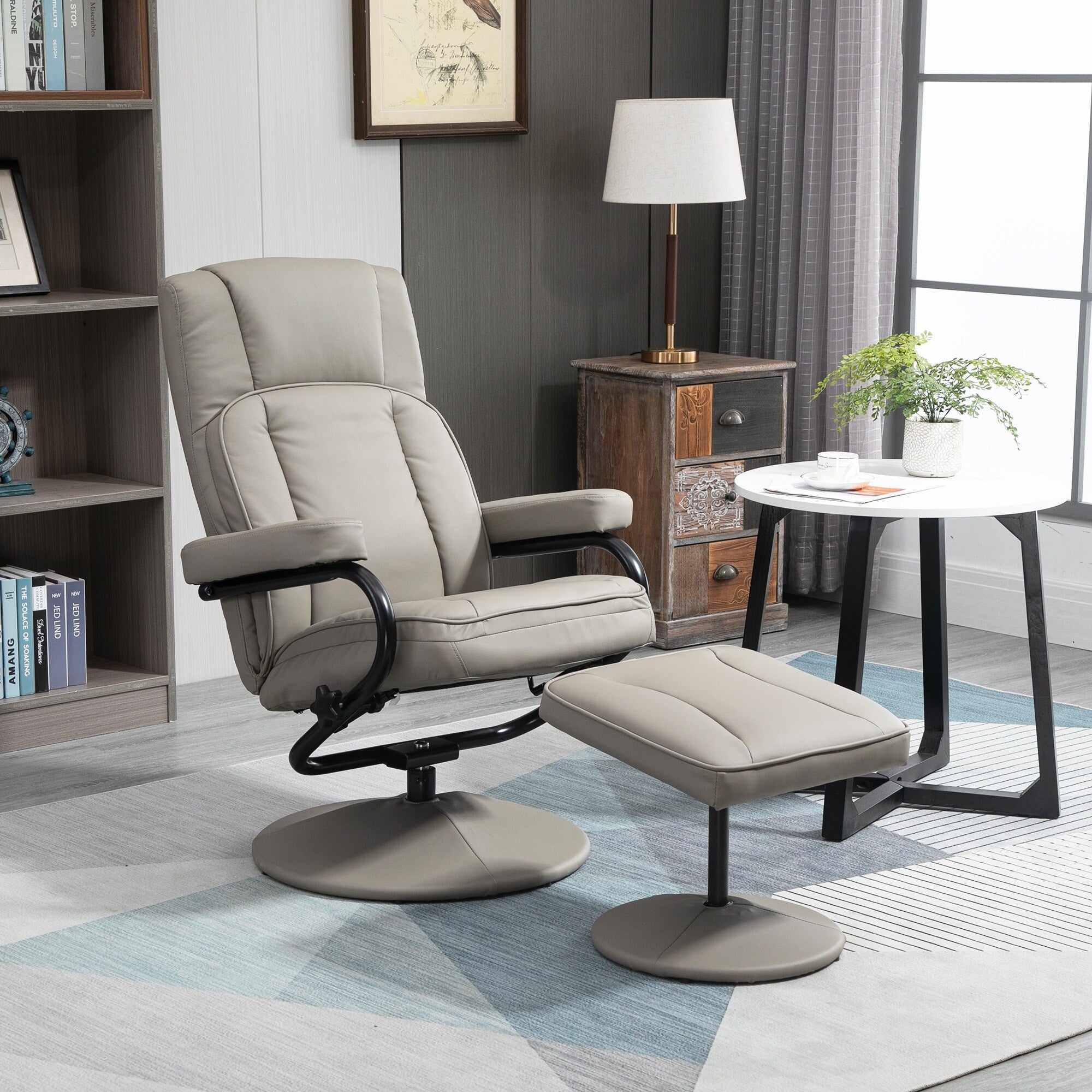 Fauteuil inclinable pivotant manuel en cuir PU, fauteuil d'appoint réglable, fauteuil de télévision, fauteuil de lecture inclinable avec pouf
