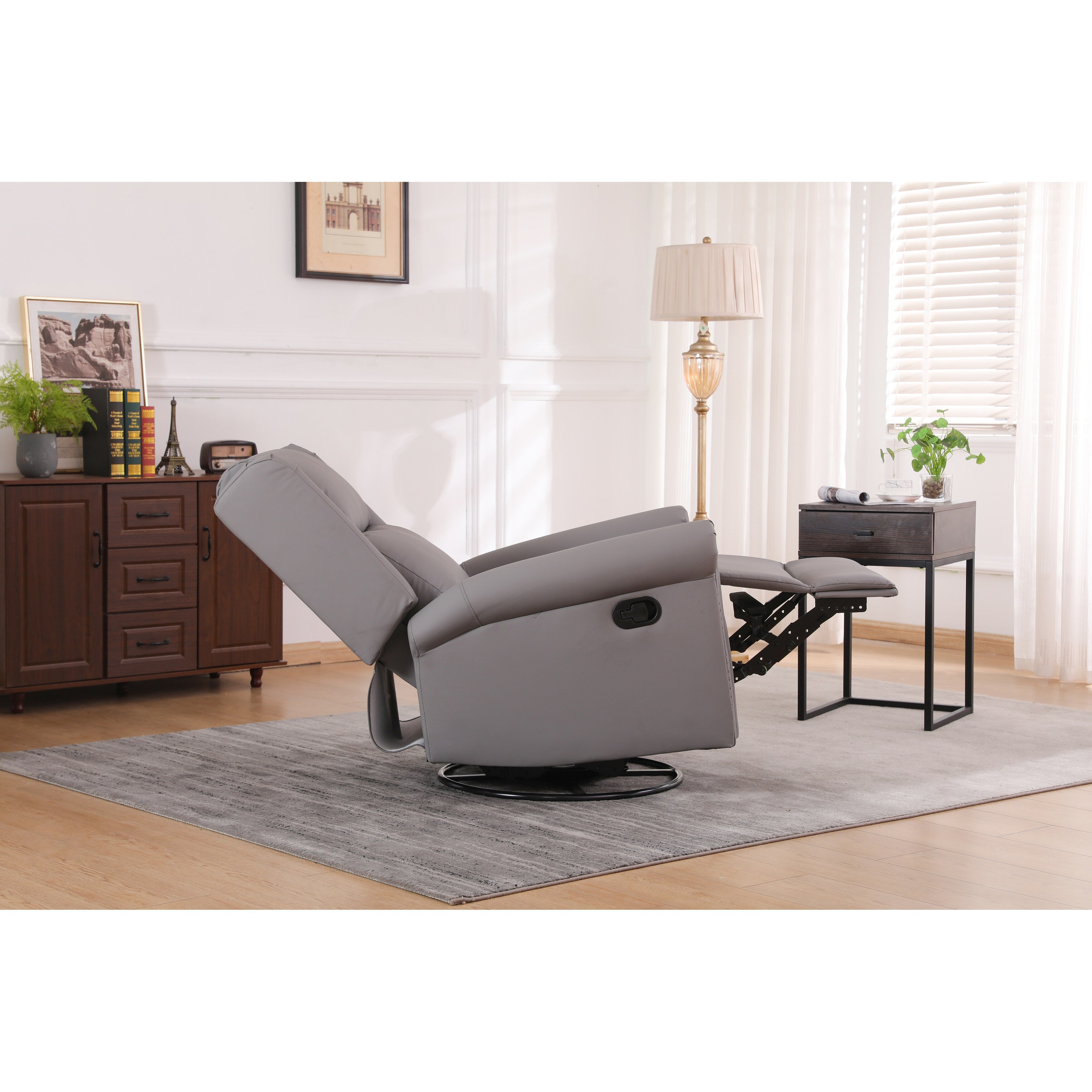 Fauteuil inclinable manuel pivotant en tissu, dossier haut, avec repose-pieds, dossier réglable et garniture cloutée