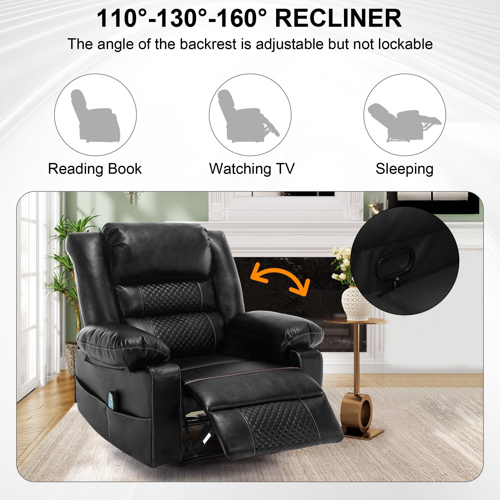 Fauteuil inclinable manuel avec massage 8 points, chauffant, réglable et cadre robuste pour salon
