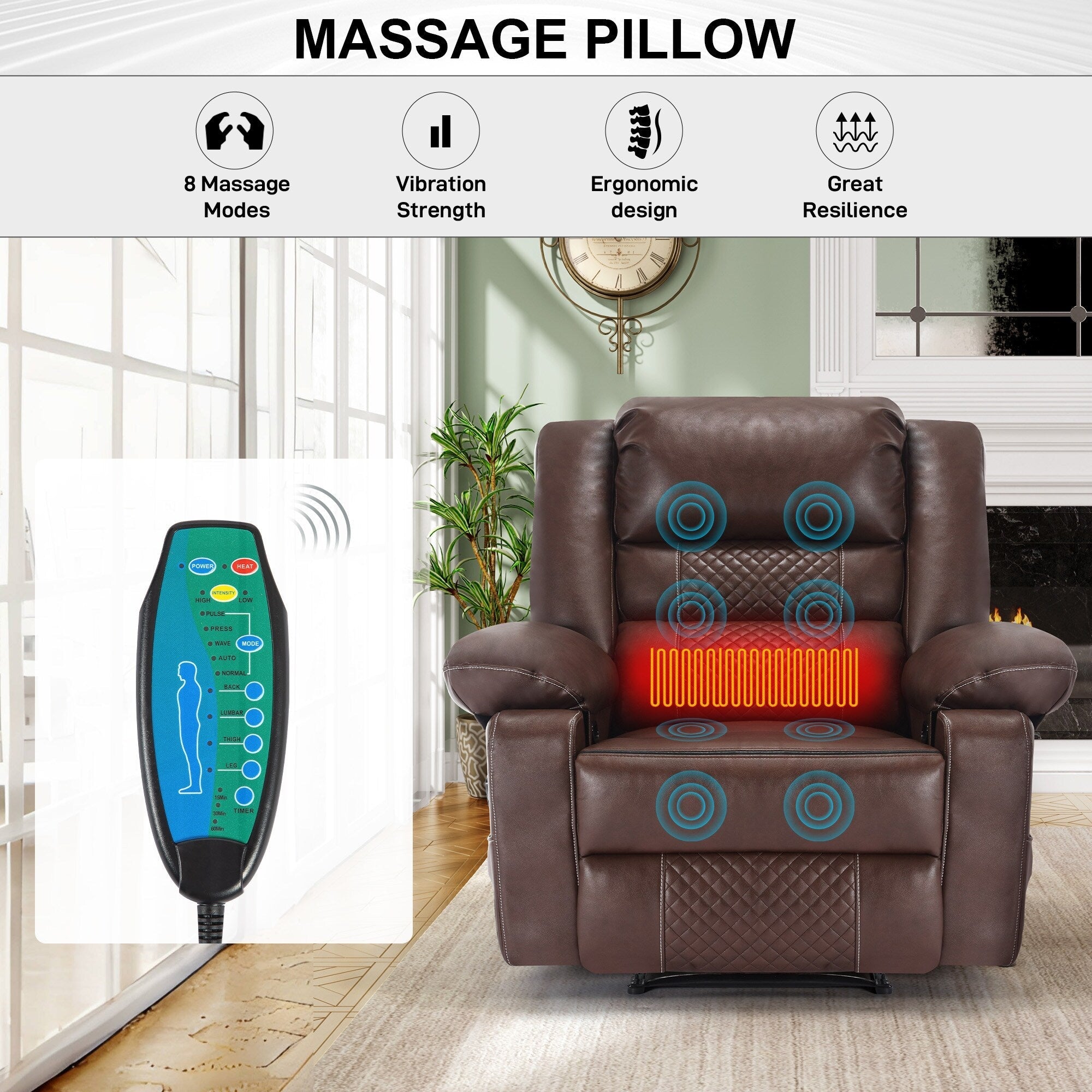 Fauteuil inclinable manuel avec massage 8 points, chauffant, réglable et cadre robuste pour salon