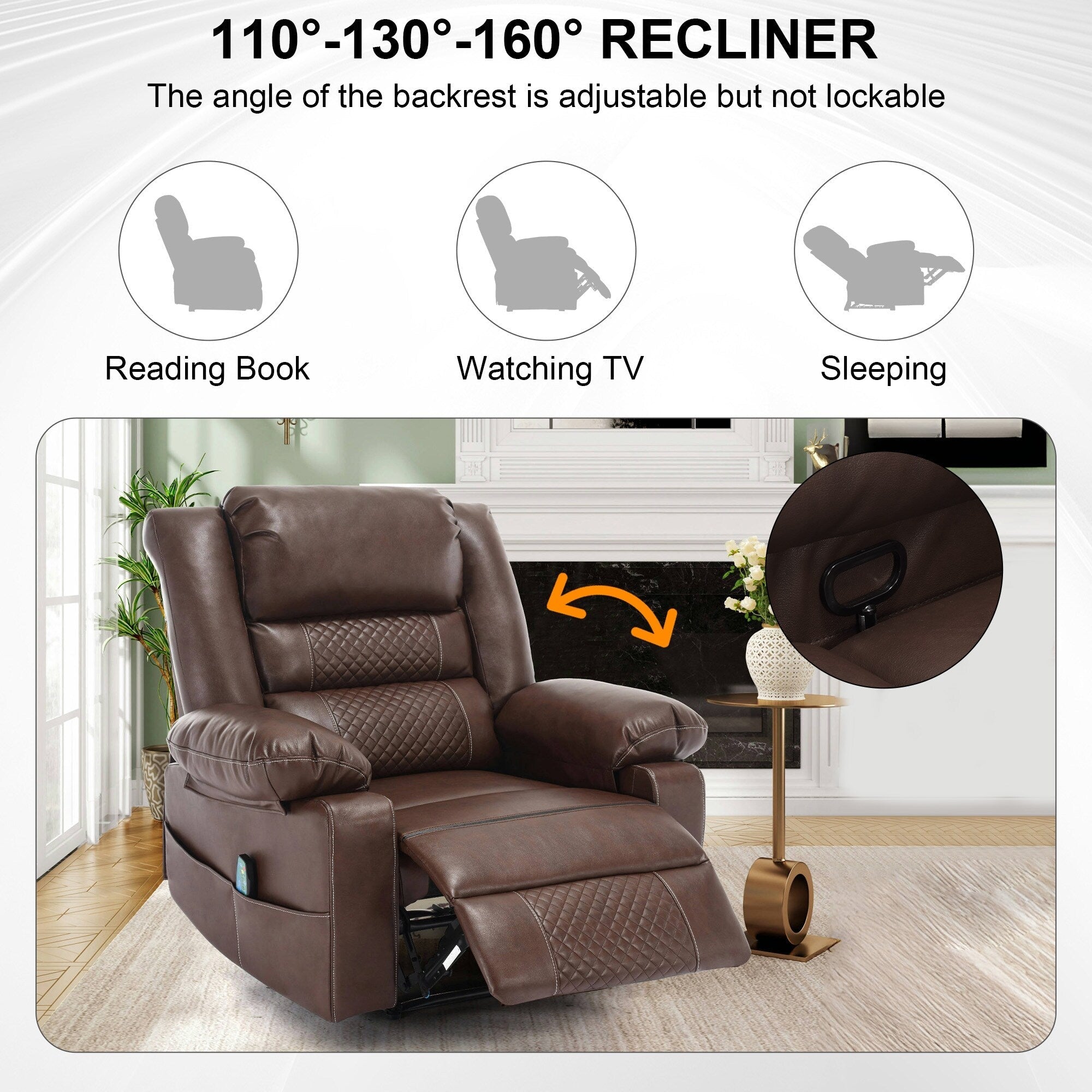 Fauteuil inclinable manuel avec massage 8 points, chauffant, réglable et cadre robuste pour salon