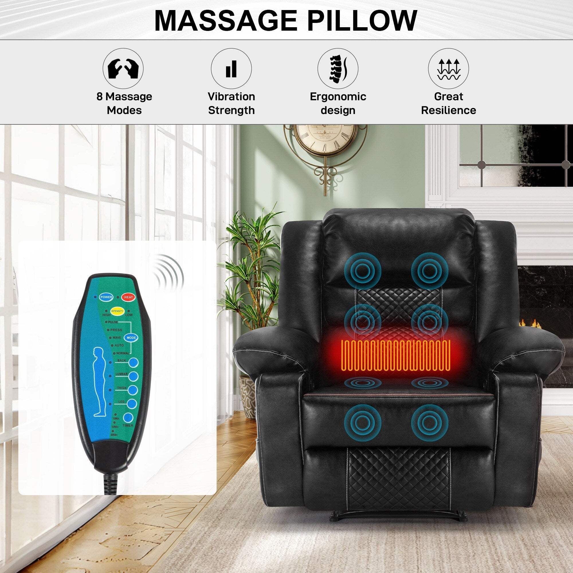 Fauteuil inclinable manuel avec massage 8 points, chauffant, réglable et cadre robuste pour salon