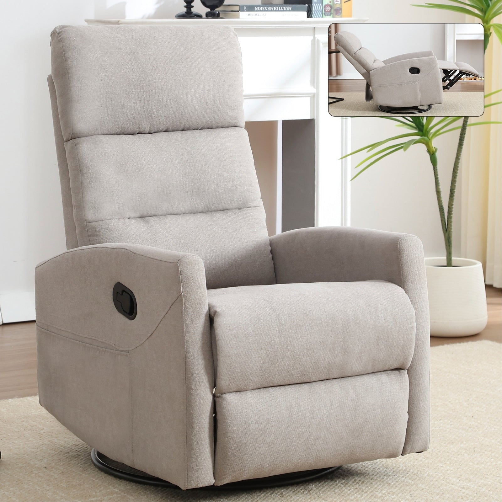 Fauteuil inclinable manuel à bascule et pivotant en tissu pour salon