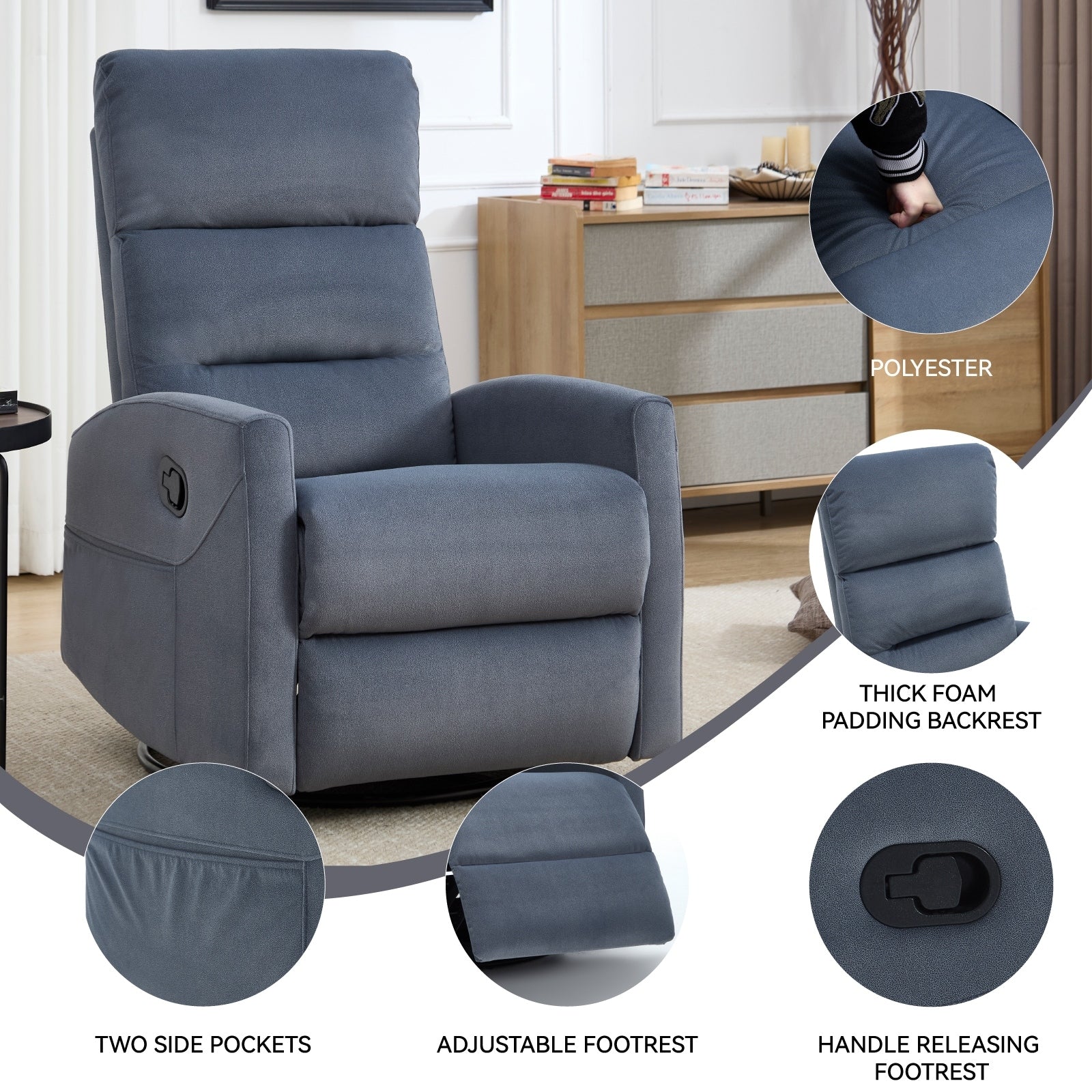 Fauteuil inclinable manuel à bascule et pivotant en tissu pour salon
