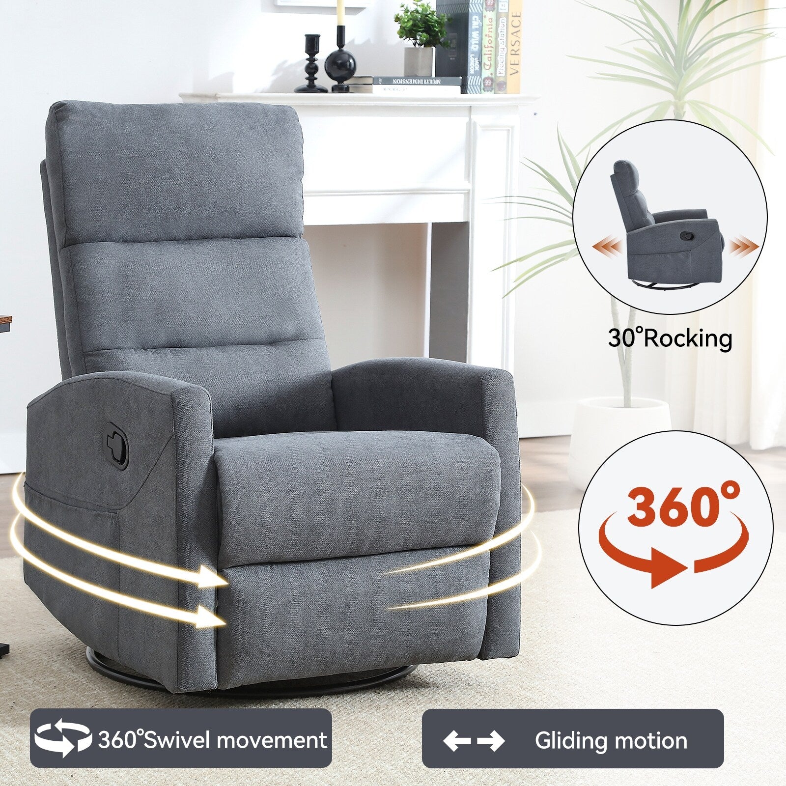 Fauteuil inclinable manuel à bascule et pivotant en tissu pour salon
