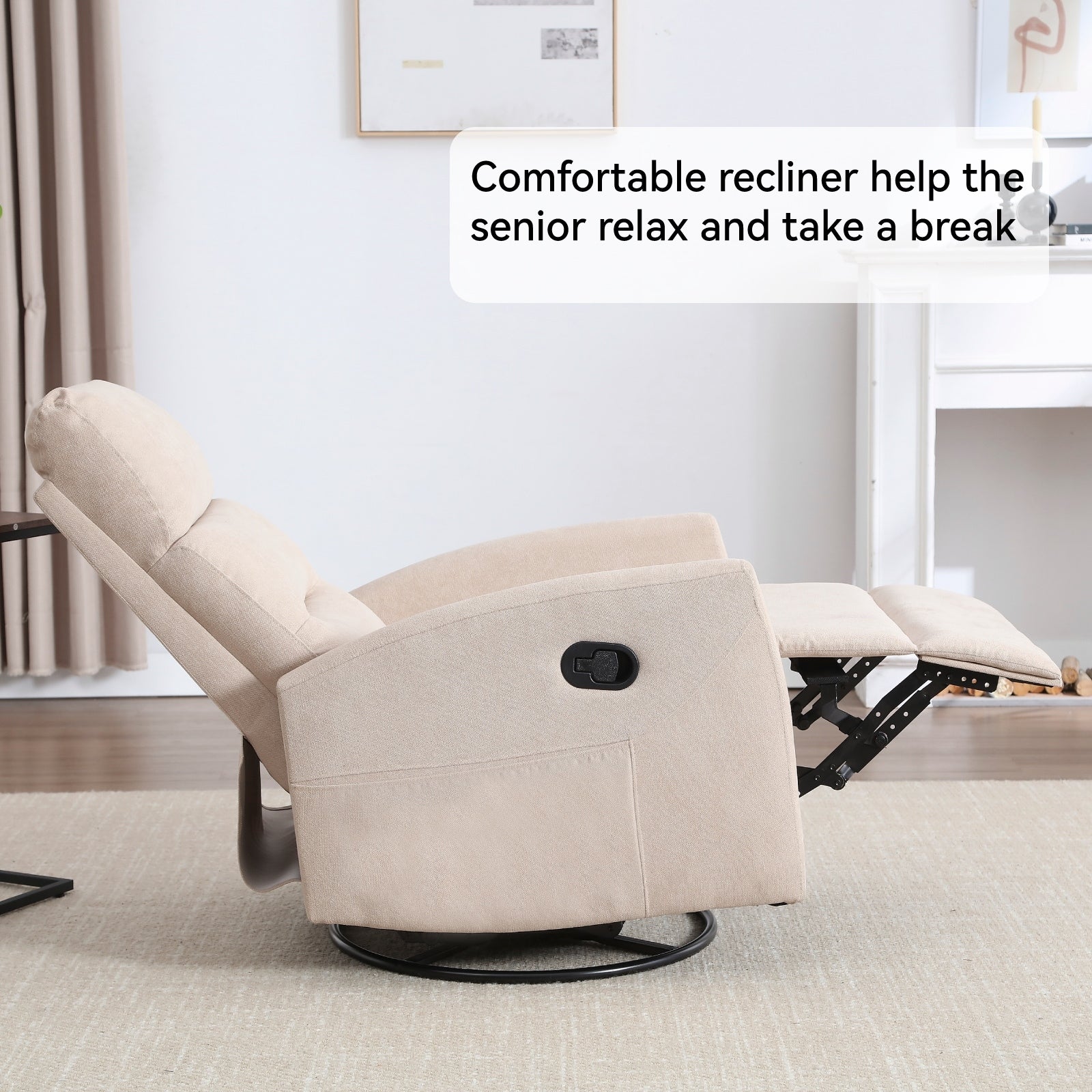 Fauteuil inclinable manuel à bascule et pivotant en tissu pour salon