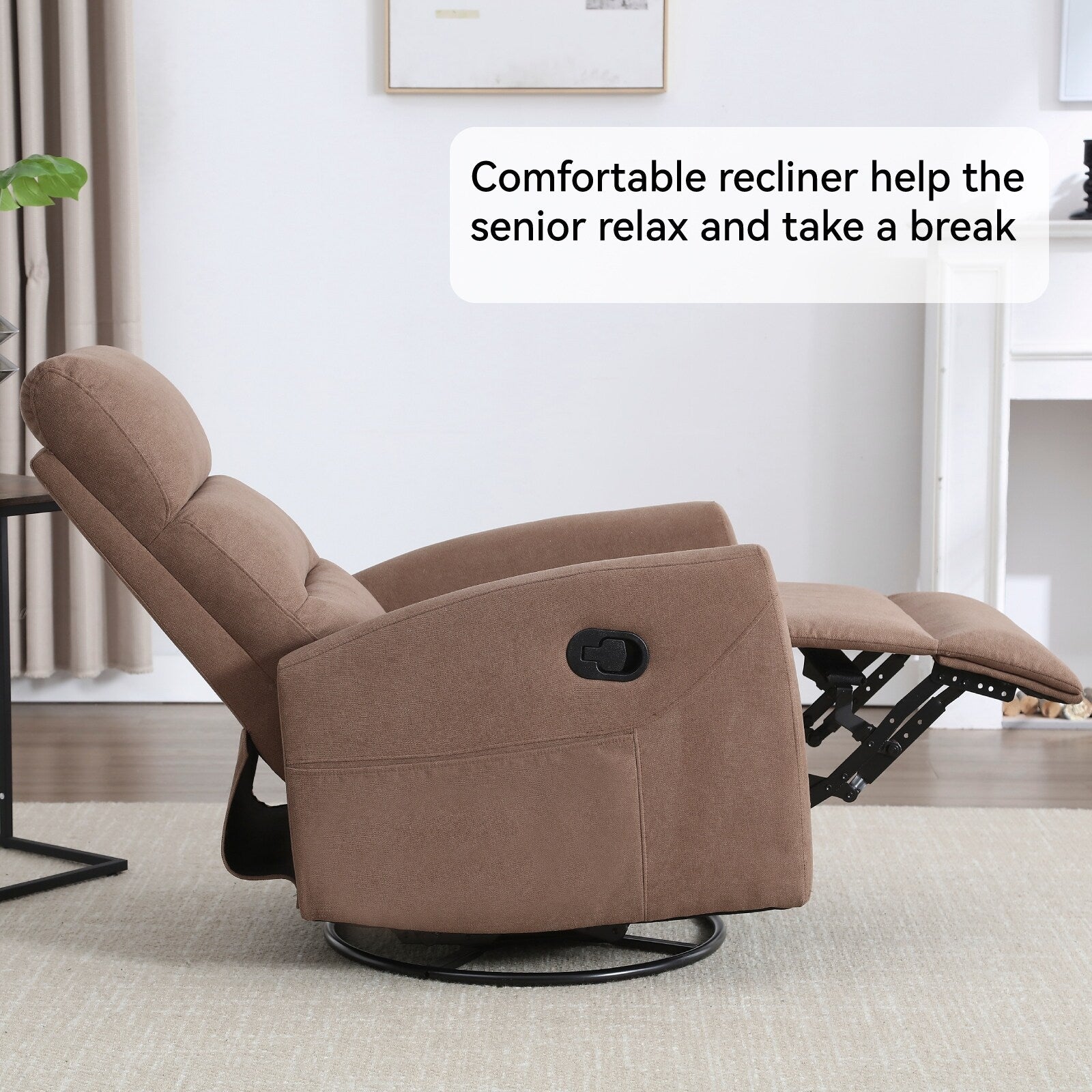 Fauteuil inclinable manuel à bascule et pivotant en tissu pour salon