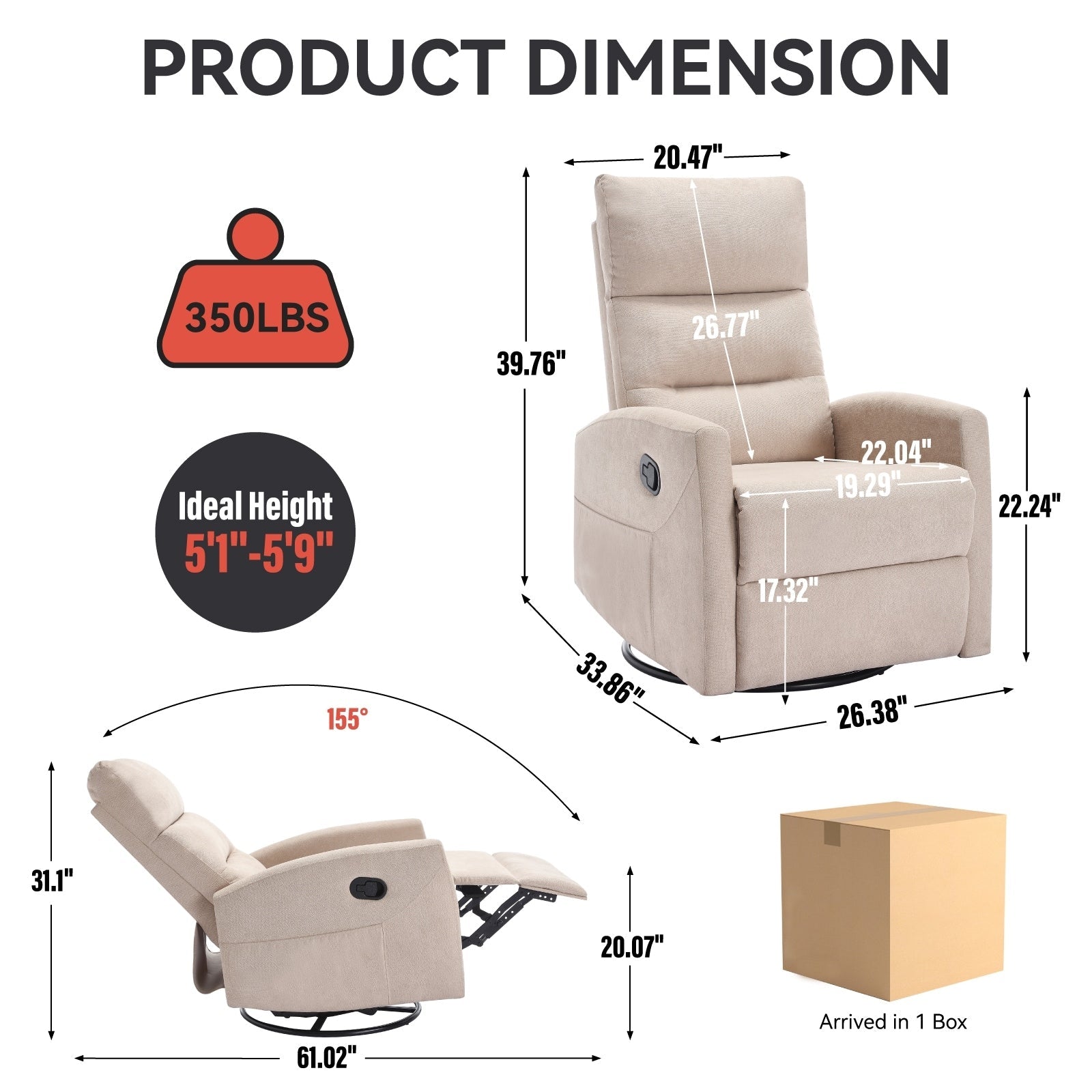 Fauteuil inclinable manuel à bascule et pivotant en tissu pour salon
