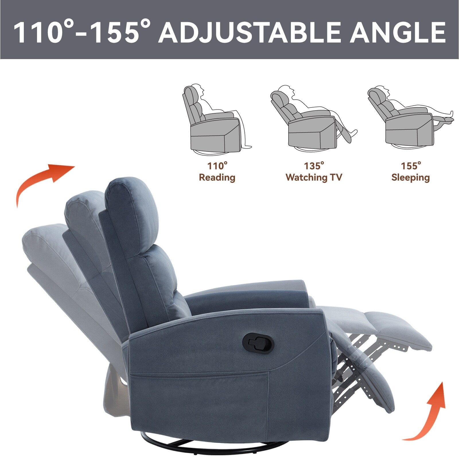 Fauteuil inclinable manuel à bascule et pivotant en tissu pour salon