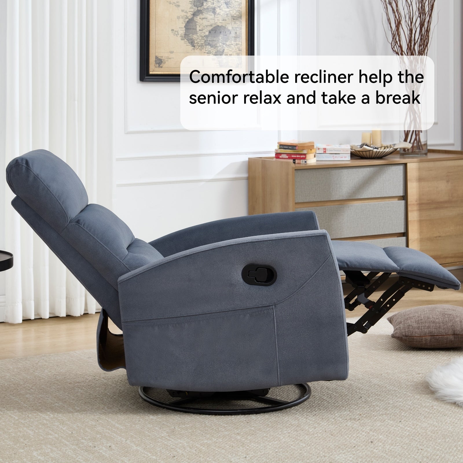 Fauteuil inclinable manuel à bascule et pivotant en tissu pour salon