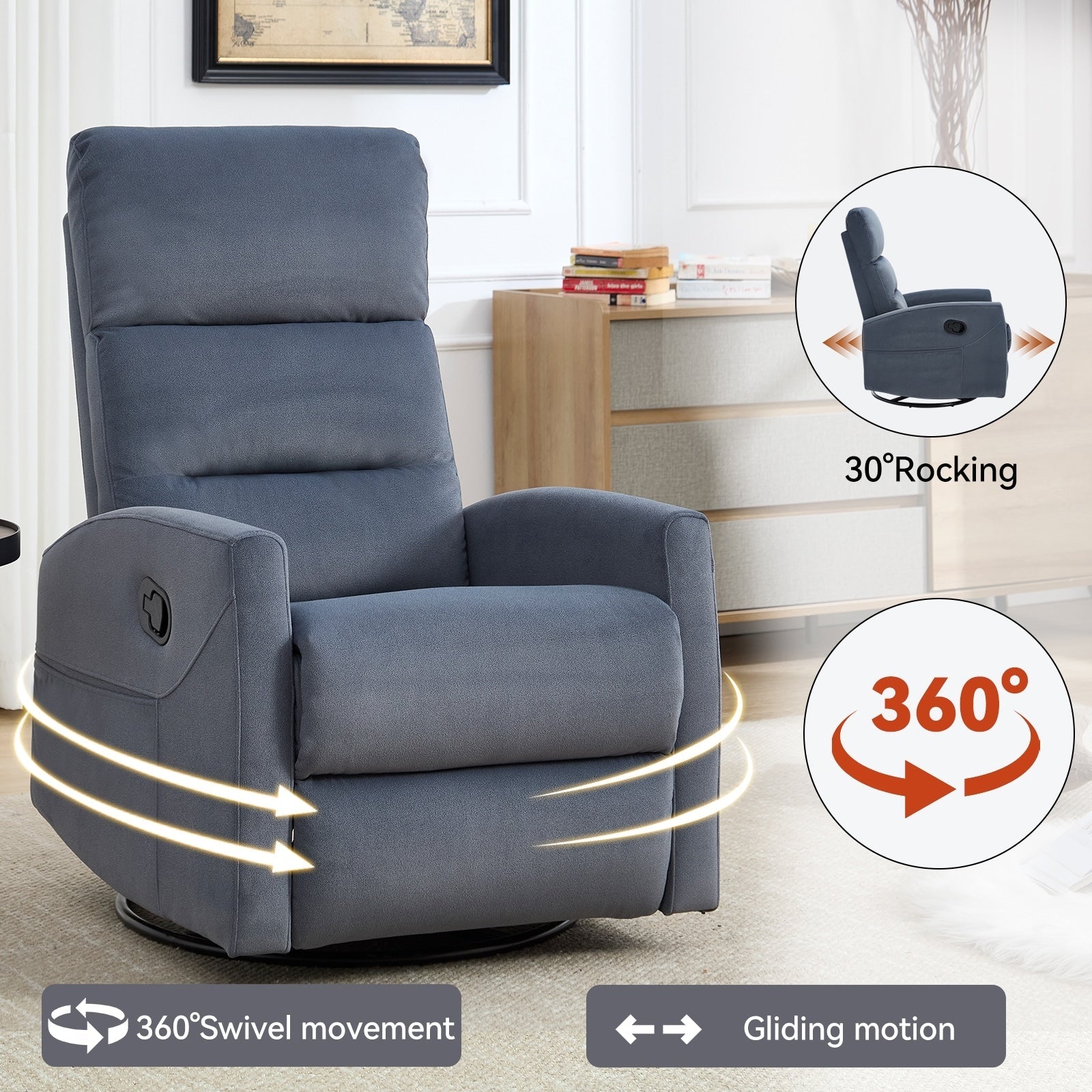 Fauteuil inclinable manuel à bascule et pivotant en tissu pour salon