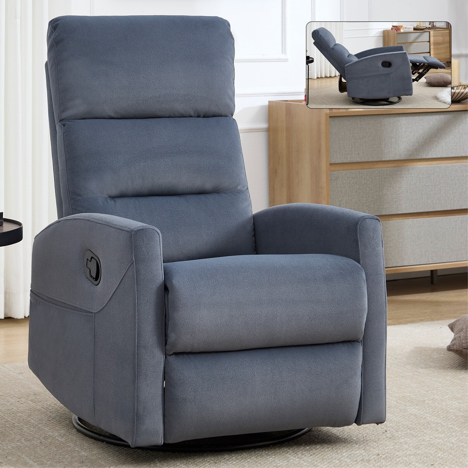 Fauteuil inclinable manuel à bascule et pivotant en tissu pour salon