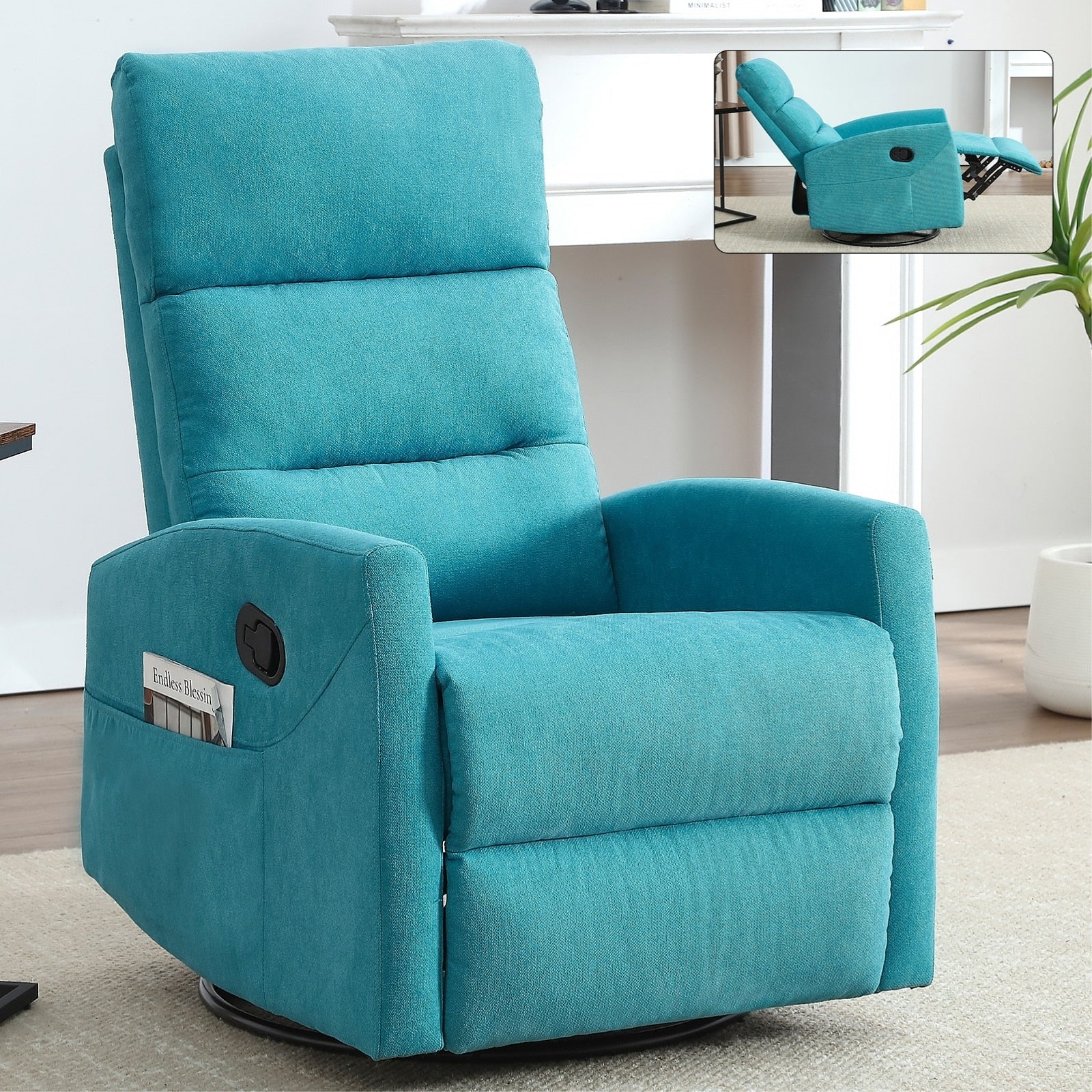 Fauteuil inclinable manuel à bascule et pivotant en tissu pour salon