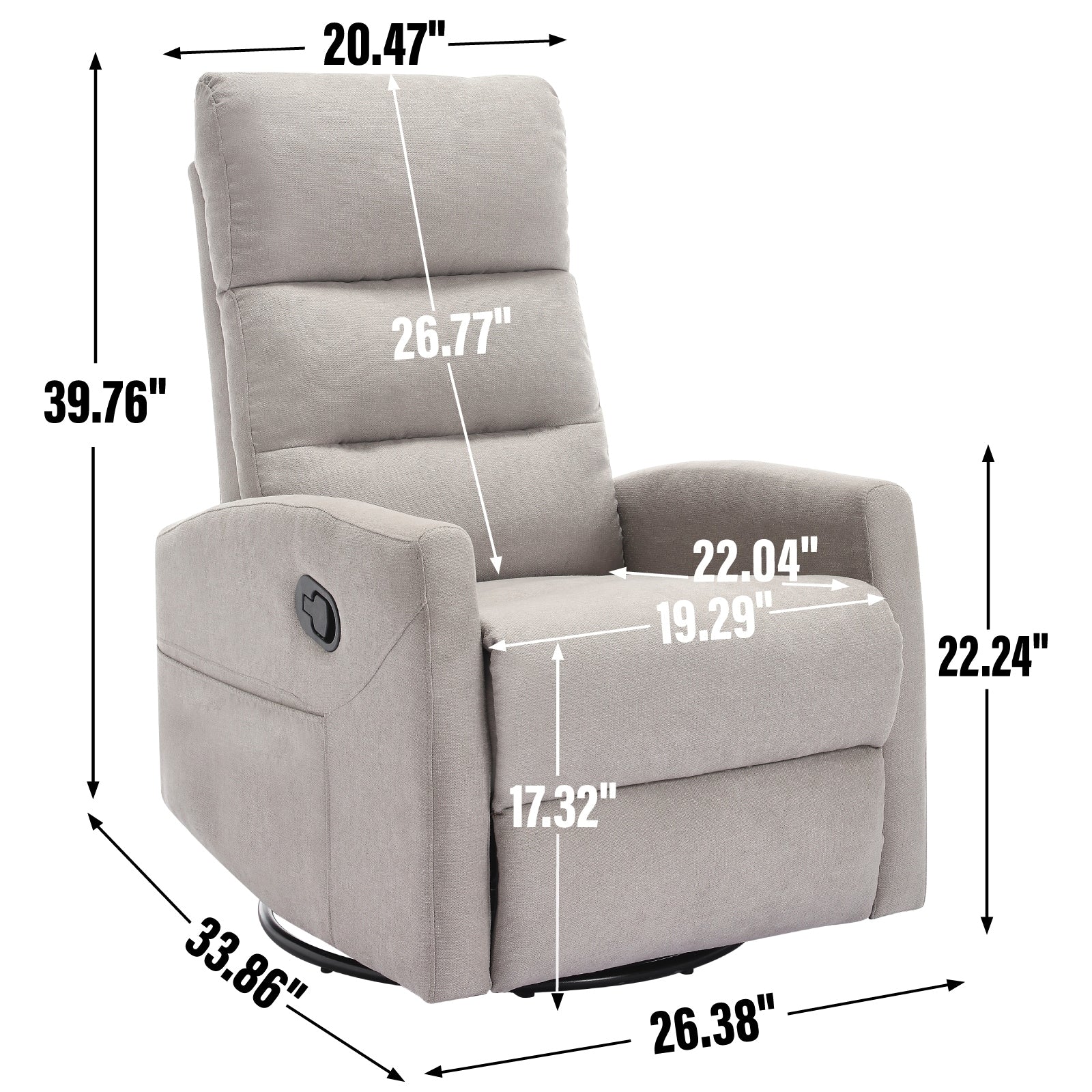 Fauteuil inclinable manuel à bascule et pivotant en tissu pour salon