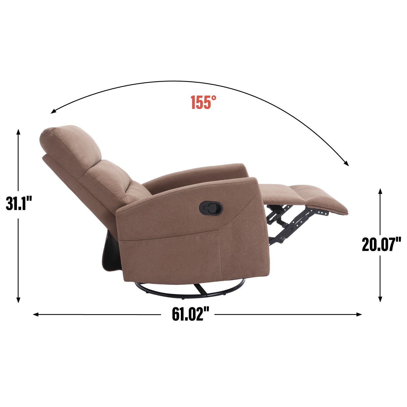 Fauteuil inclinable manuel à bascule et pivotant en tissu pour salon