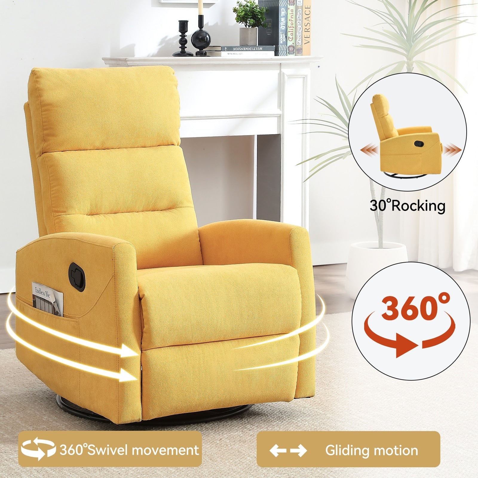 Fauteuil inclinable manuel à bascule et pivotant en tissu pour salon