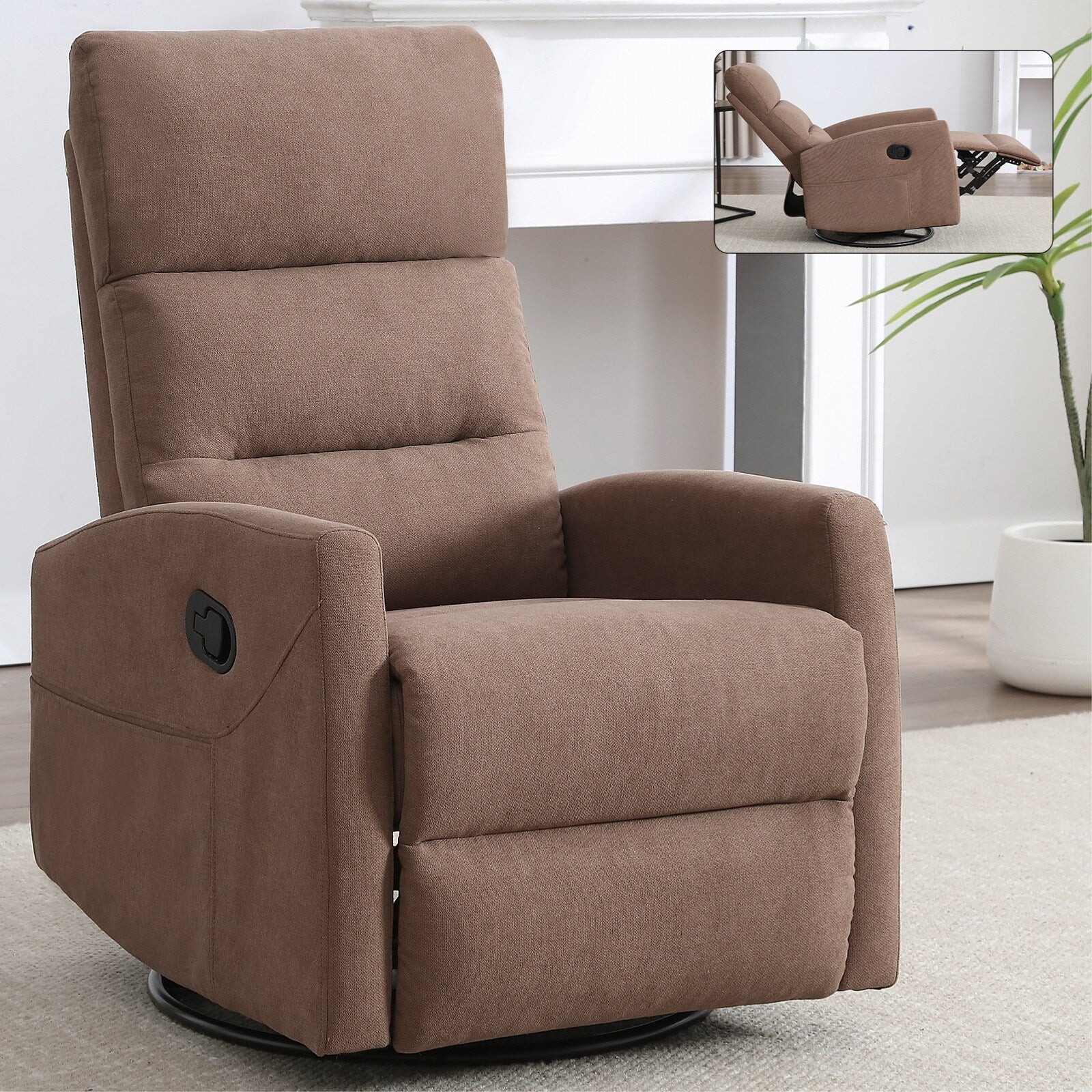 Fauteuil inclinable manuel à bascule et pivotant en tissu pour salon