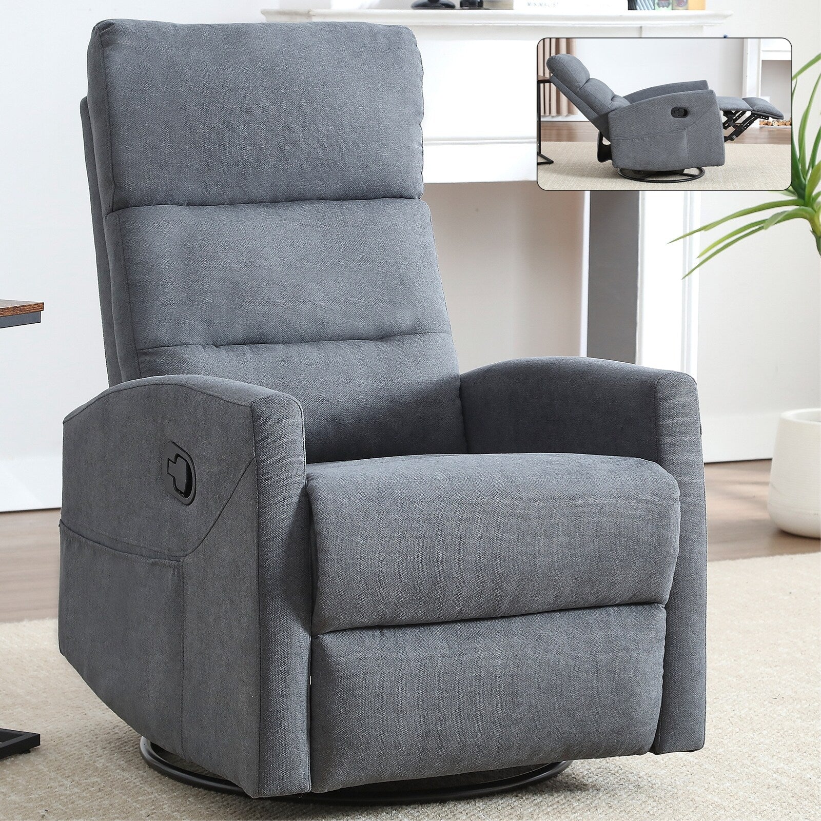 Fauteuil inclinable manuel à bascule et pivotant en tissu pour salon
