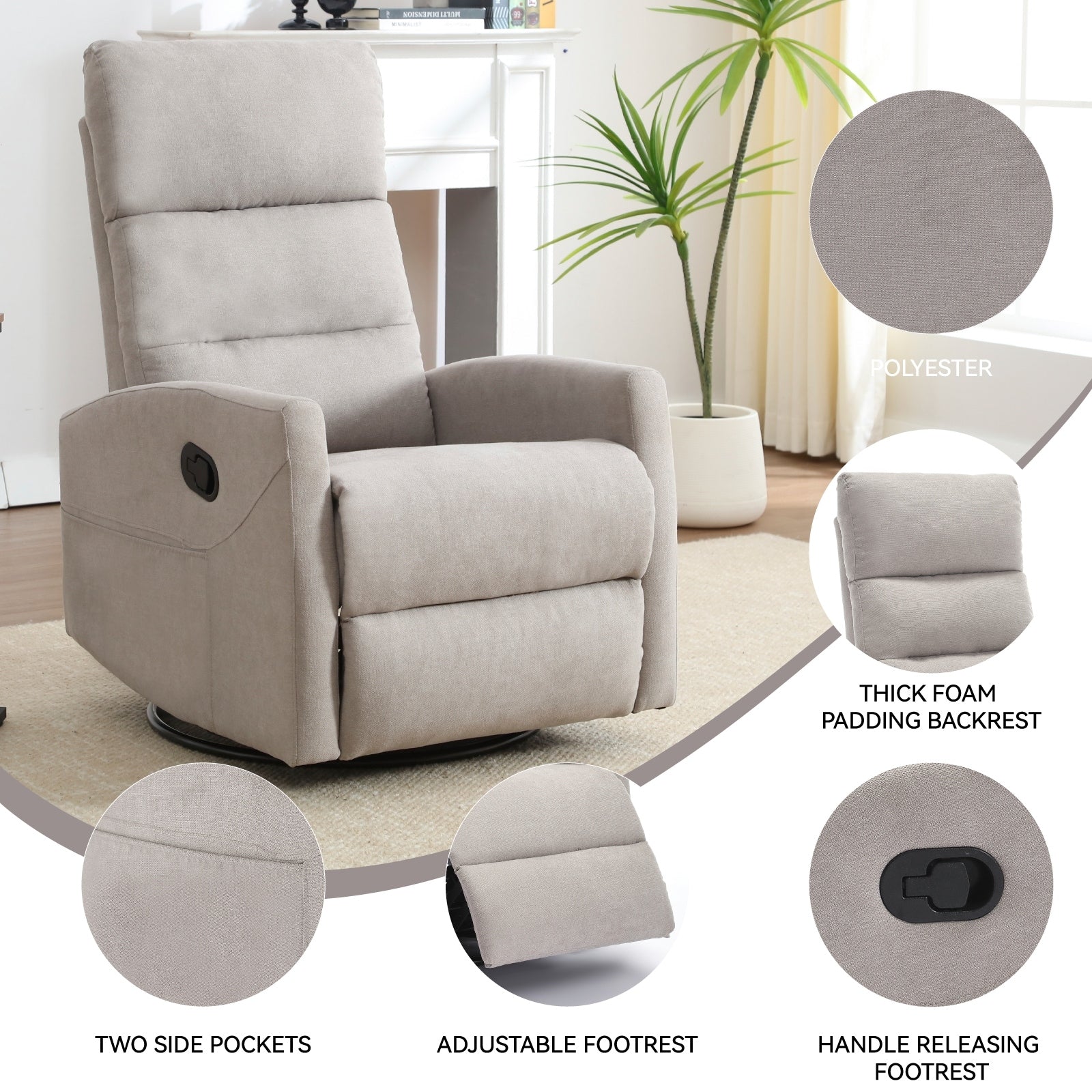 Fauteuil inclinable manuel à bascule et pivotant en tissu pour salon
