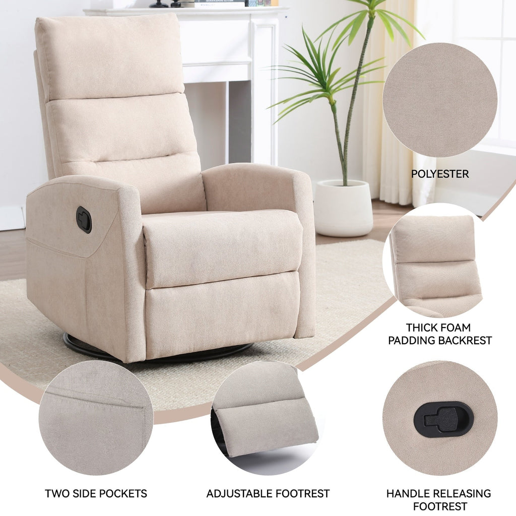 Fauteuil inclinable manuel à bascule et pivotant en tissu pour salon
