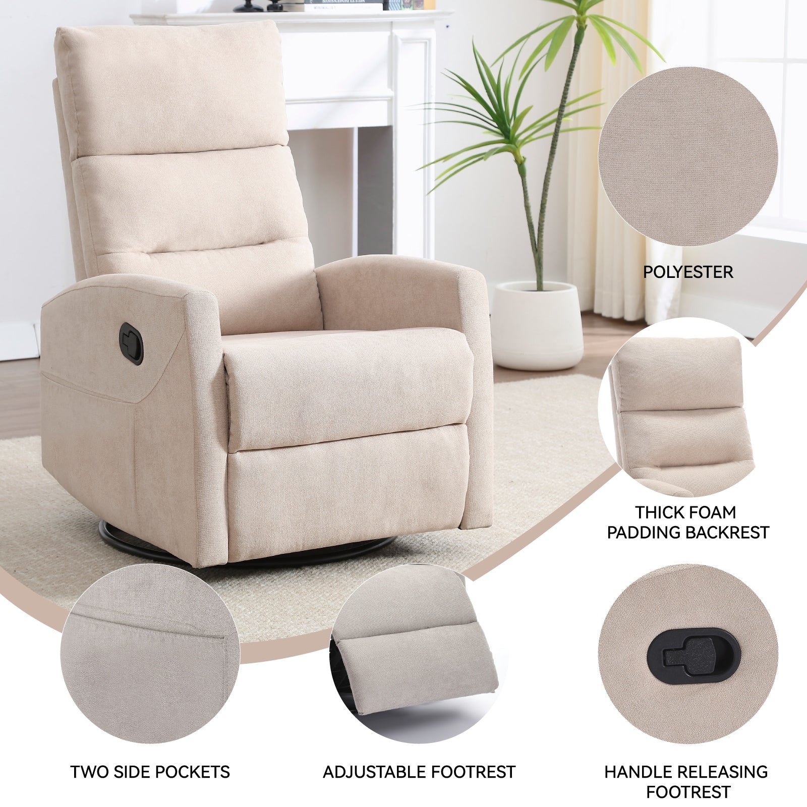 Fauteuil inclinable manuel à bascule et pivotant en tissu pour salon