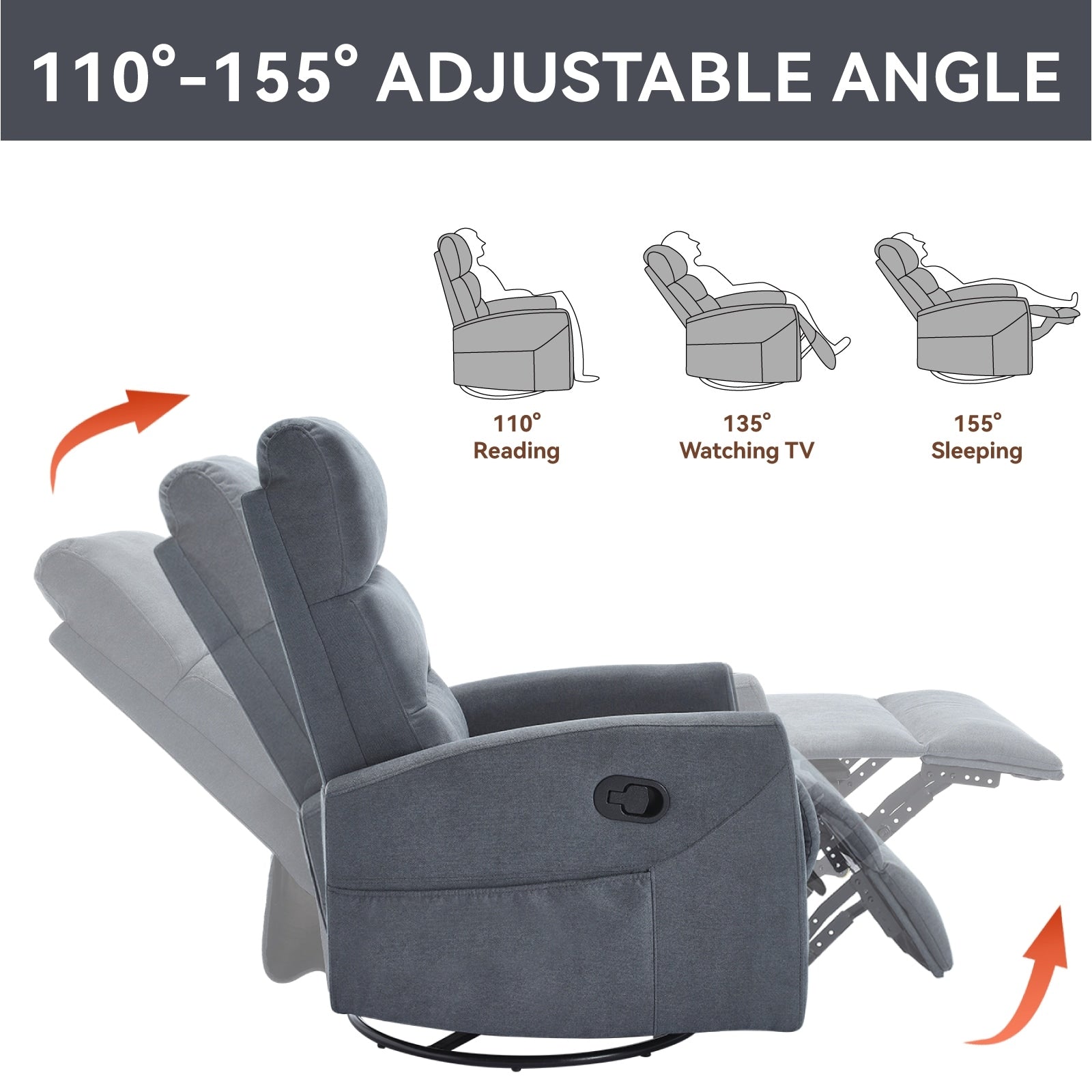 Fauteuil inclinable manuel à bascule et pivotant en tissu pour salon