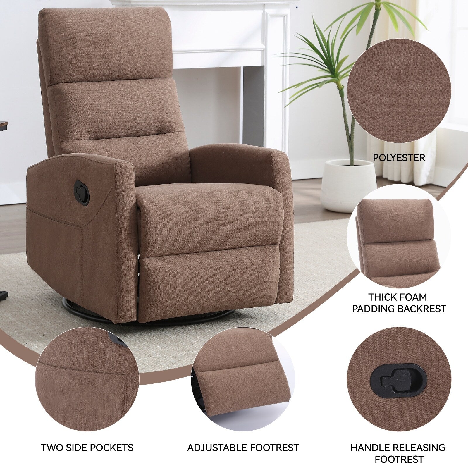 Fauteuil inclinable manuel à bascule et pivotant en tissu pour salon